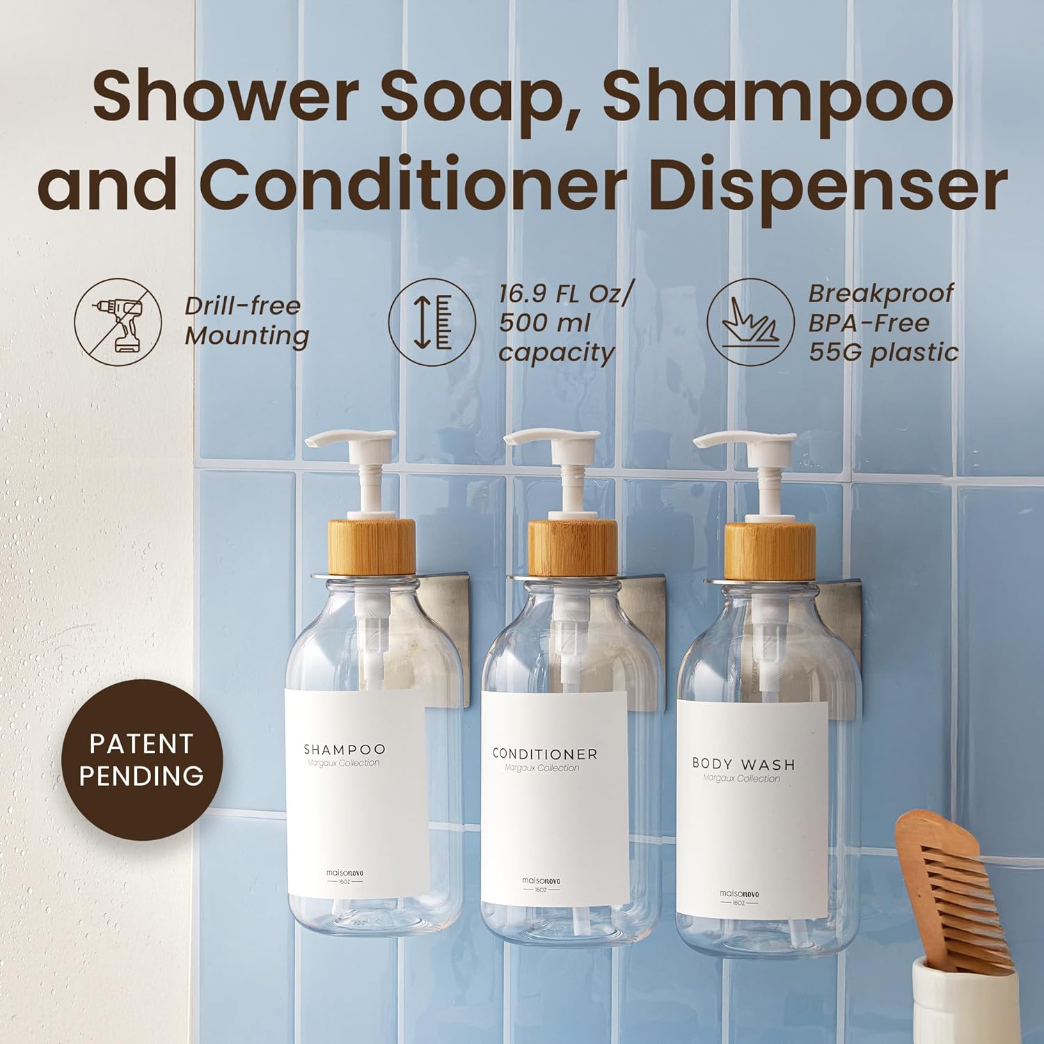 MaisoNovo Shampoo and Conditioner Dispenser - Shower Soap Dispenser Wall Mounted - 16.9 fl oz Set of 3 Clear Plastic Bottles White Bamboo Pump - Shampoo Dispenser, Shower Dispenser 3 Chamber No Drill - Image 2