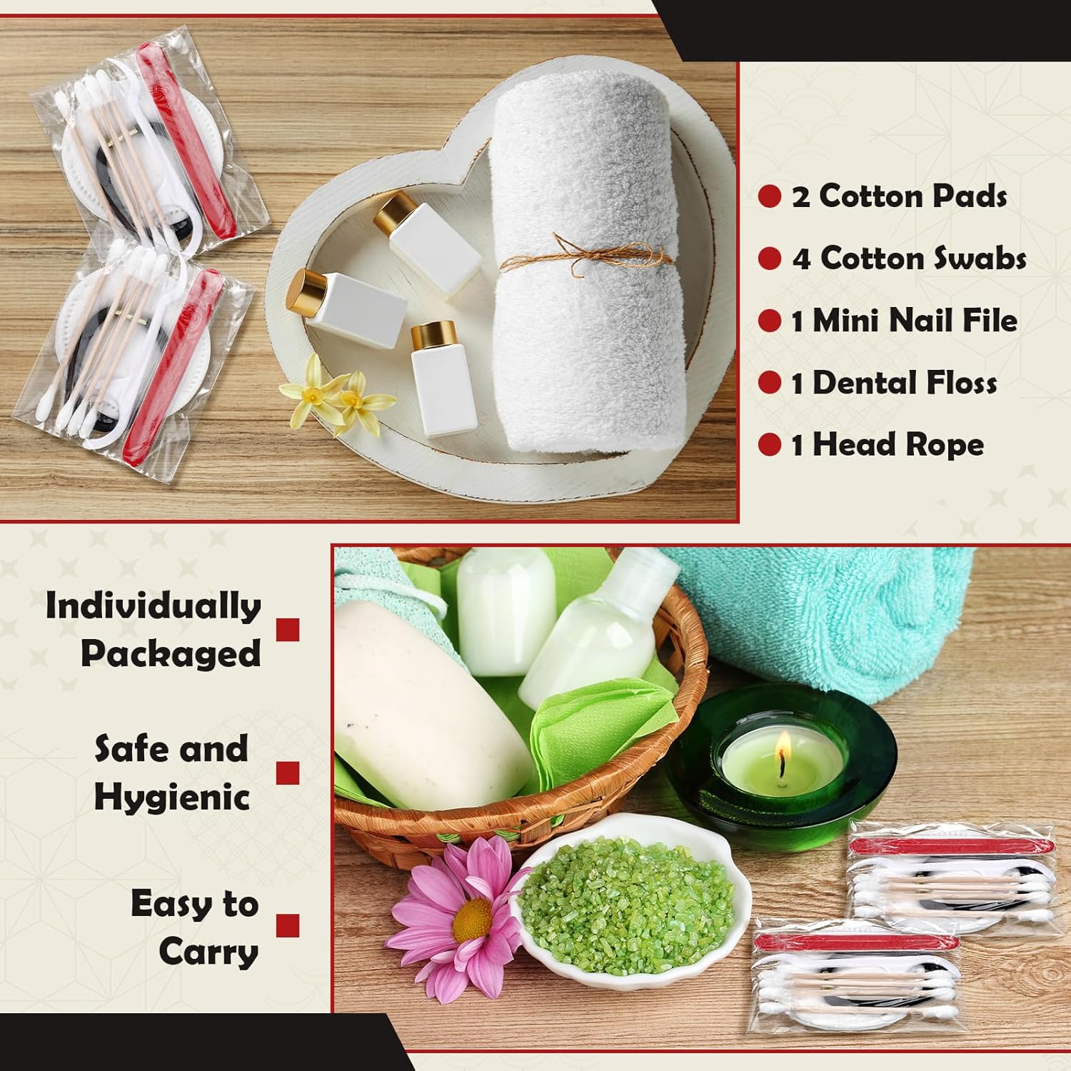 Tondiamo 100 Set Hotel Vanity Kit Individually Wrapped Travel Size Hotel Hospitality Kit Include Disposable Cotton Pads, Cotton Swabs, Hair Tie, Nail File, Dental Floss for Motels Toiletries - Image 6