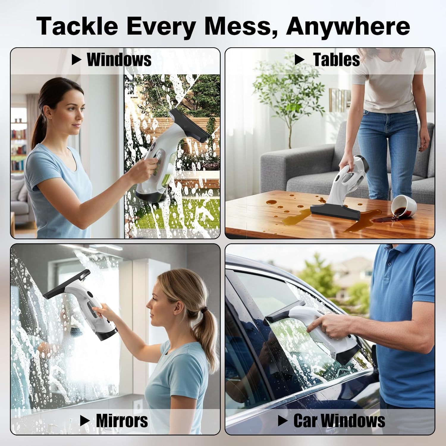 Window Vacuum Squeegee Cordless, 2000Pa Electric Window Cleaner Tool with 2200mAh & 150ml Water Collection Tank, Window Cleaning Kit Shower Squeegee for Glass Doors, Windows, Mirrors, Car (White) - Image 4