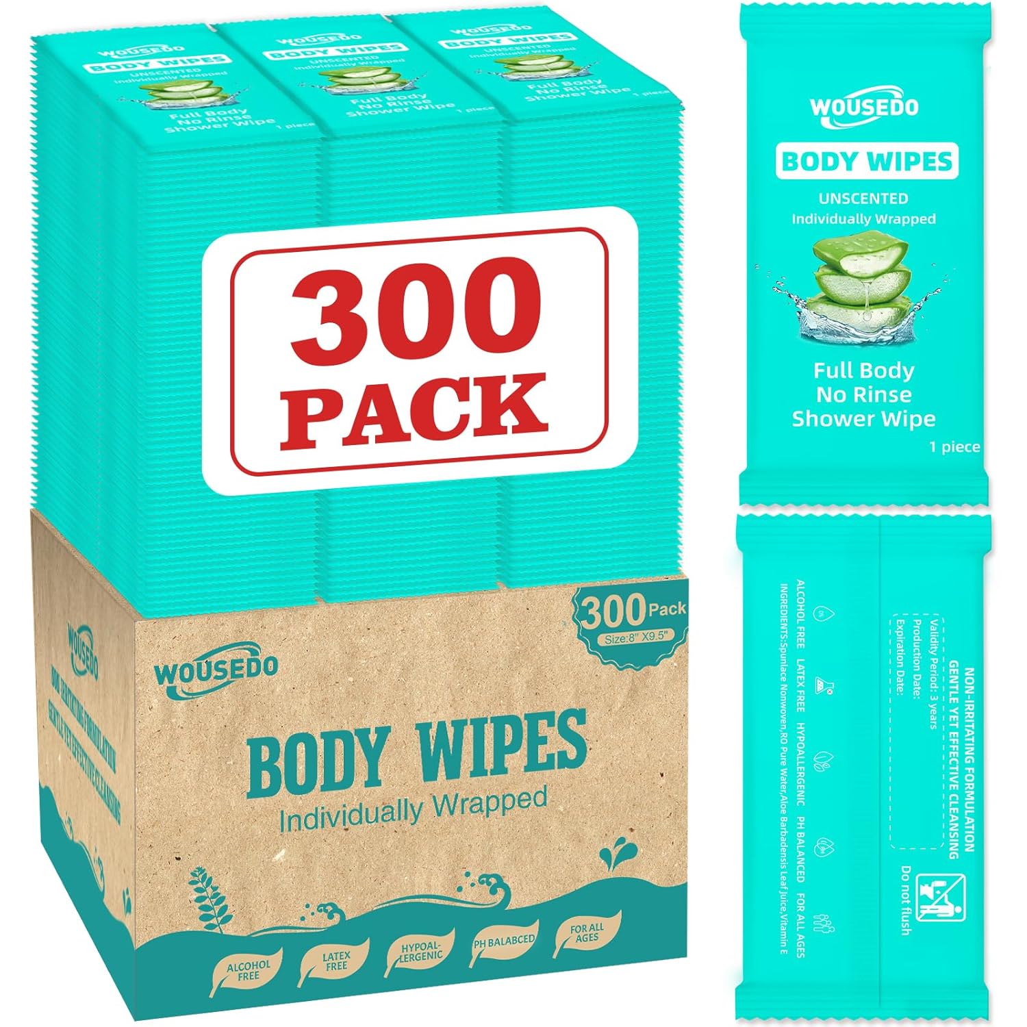 300 Pack Individually Wrapped Body Wipes (8" x 9.5"),No-Rinse Shower Wipe for Adults,Travel,Gym & Camping,Bulk Cleansing Wipes for Homeless
