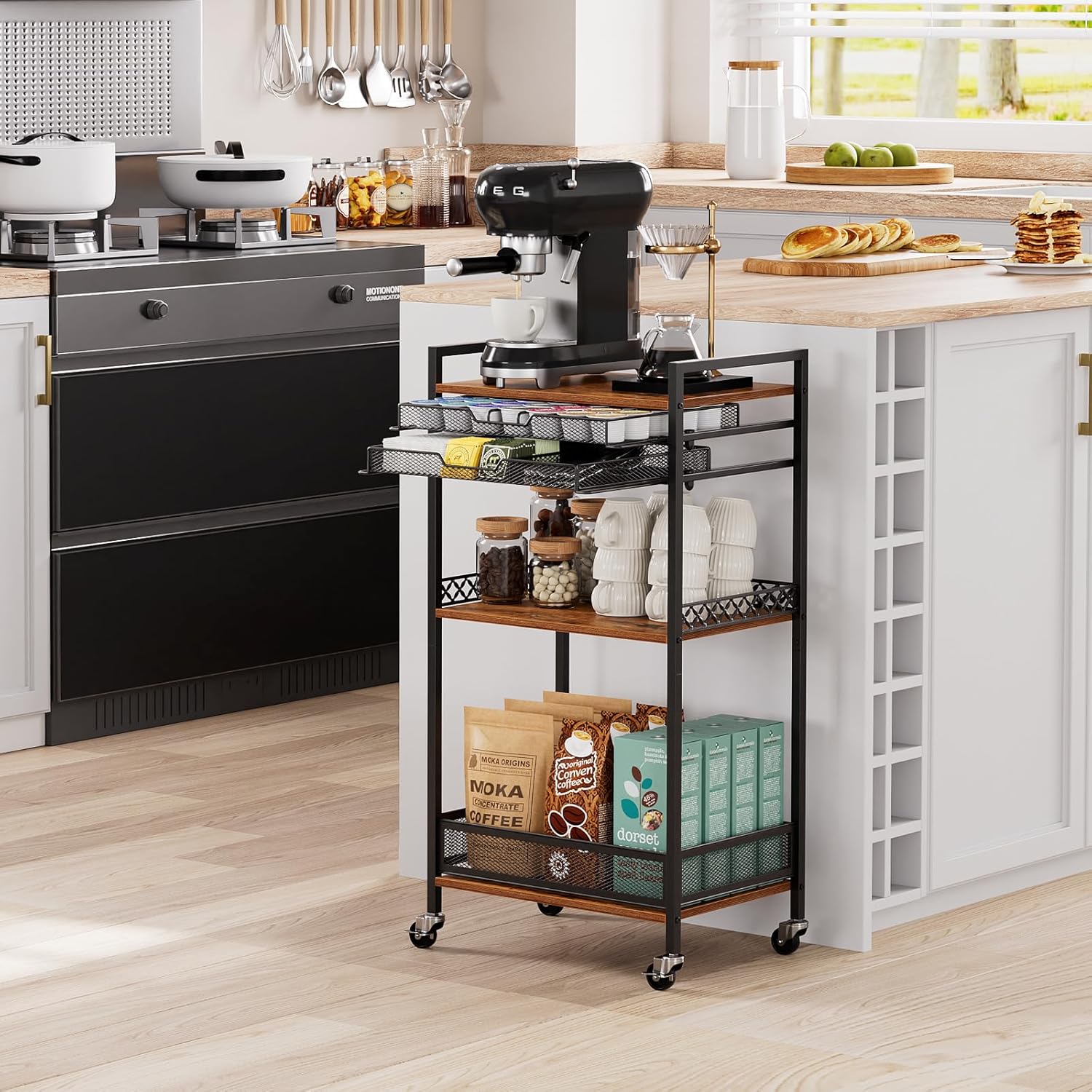 K Cup Holder Cart, Coffee Station Organizer for Nespresso Vertuo Capsule and K Cup Capsule, Multi-Functional Coffee Bar Cart Accessories Organizer with Wheels for Living Room, Kitchen - Image 4