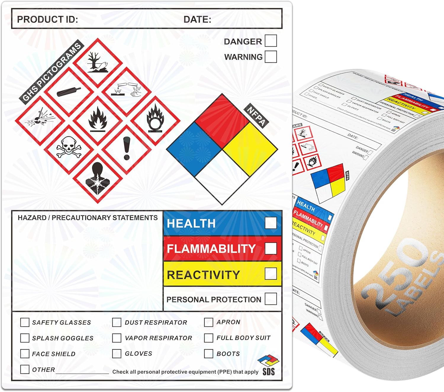 SDS Label Stickers 4 x 3 Inches, Roll of 250 MSDS OSHA Data Stickers with GHS Pictograms & Perforated Edges for Easy Separating | HMIS & Hazard Compliant | Secondary Containers for Chemical Safety
