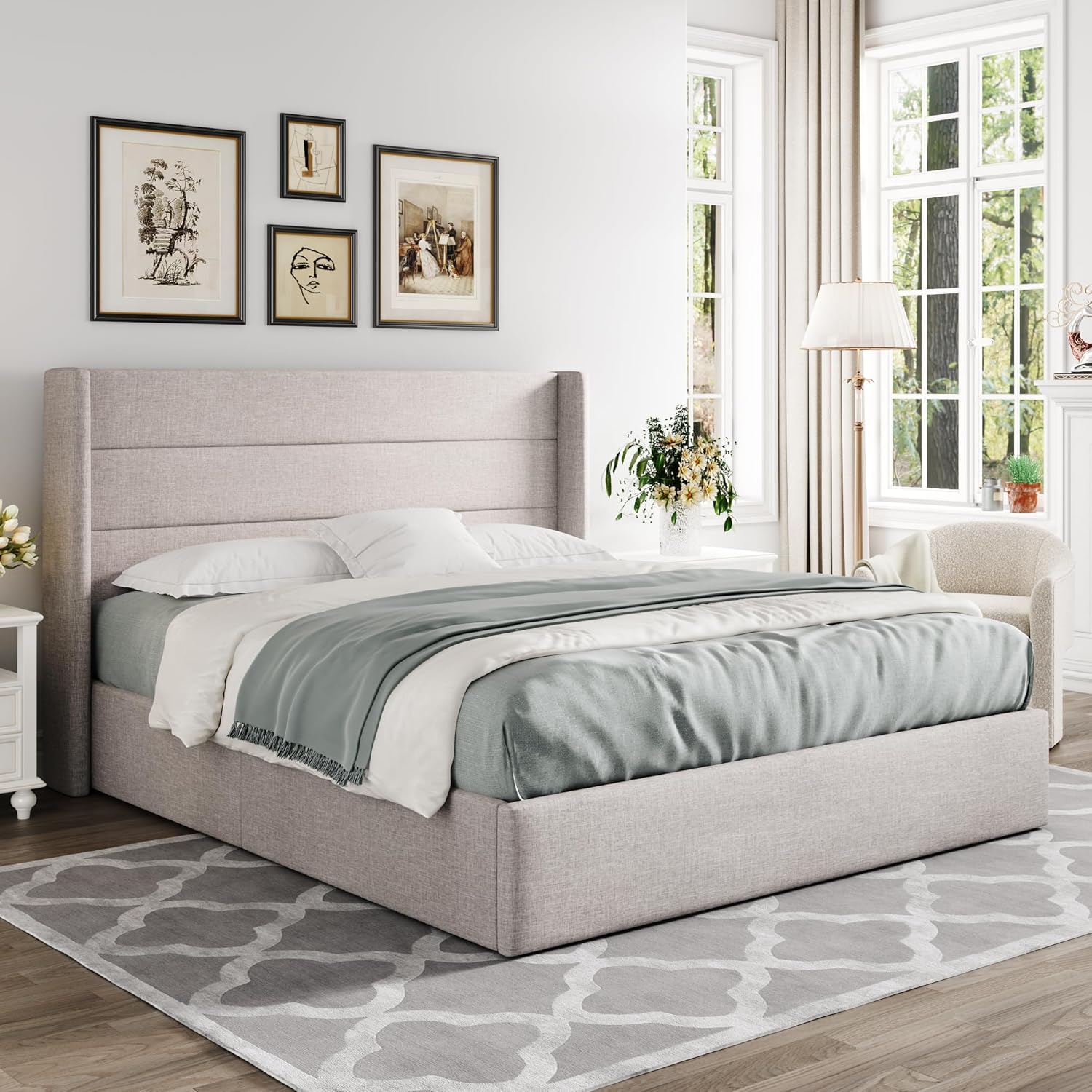 Allewie Queen Size Lift Up Storage Bed, Modern Wingback Headboard, Hydraulic Support, No Box Spring Needed, Light Beige - Image 8