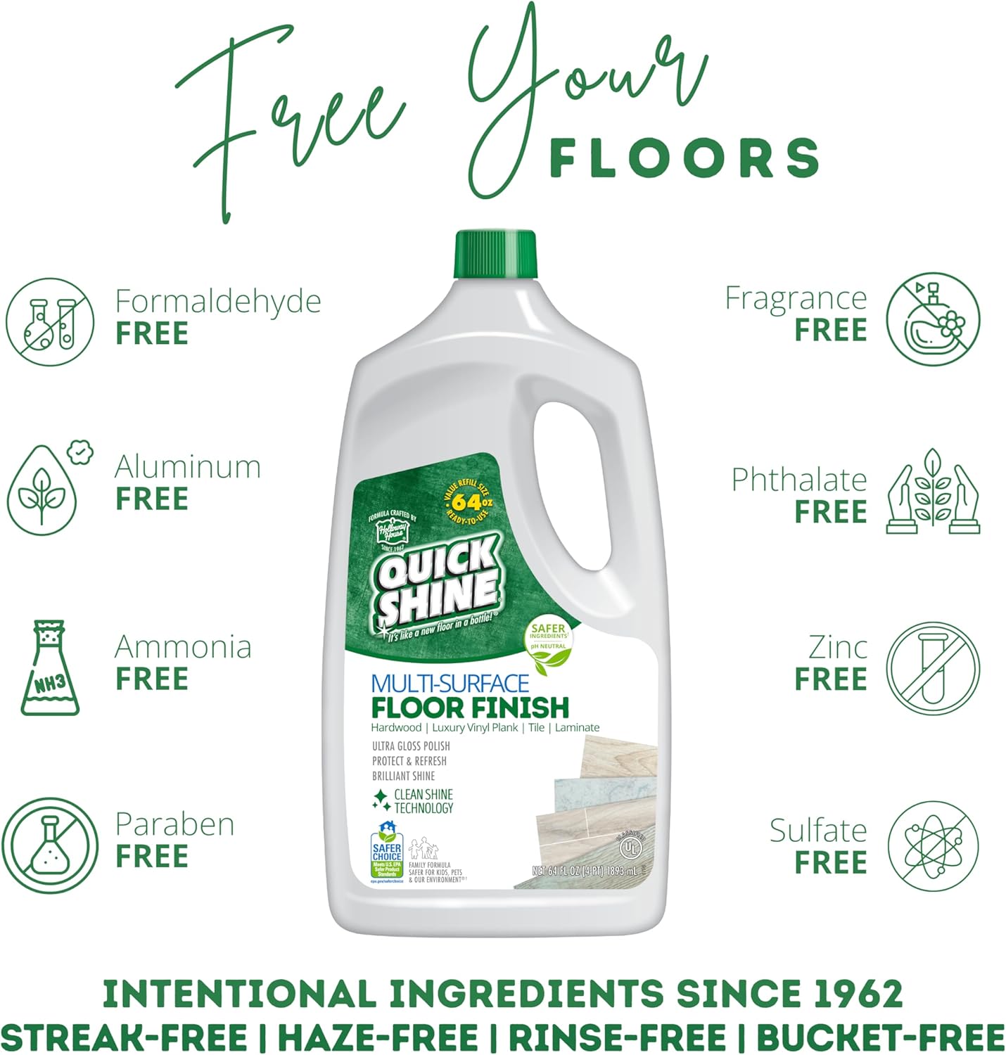 Quick Shine Multi Surface Floor Finish 64oz | Cleaner & Polish to use on Hardwood, Laminate, Luxury Vinyl Plank LVT, Tile & Stone | Safer Choice w/Clean Shine Technology | Shine-Protect-Refresh - Image 4