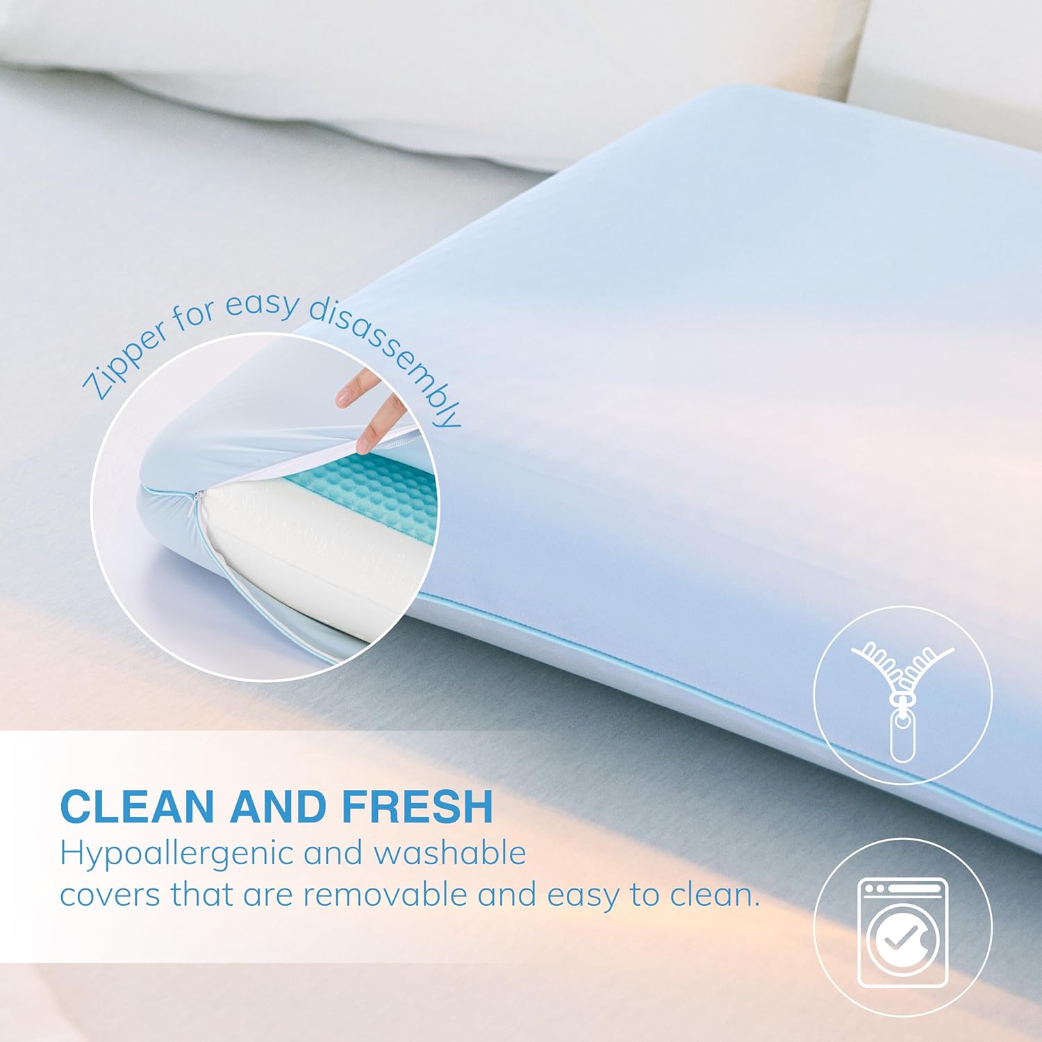 EGOHOME Cooling Gel Memory Foam Pillow - Reversible Cooling Cover, Neck Support for Side, Back and Stomach Sleepers, Removable & Machine Washable, All-Season Comfort, Standard Size, Blue - Image 5