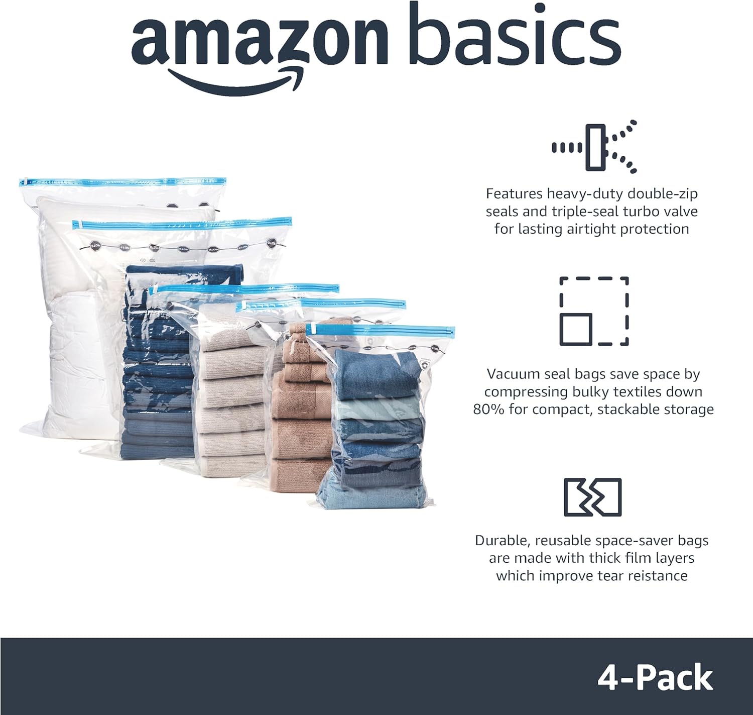Amazon Basics Vacuum Storage Bags for Blankets, Vacuum Compression Space Saving Storage Bags with Hand Pump for Clothes Packing, X-Jumbo, 4-Pack - Image 2