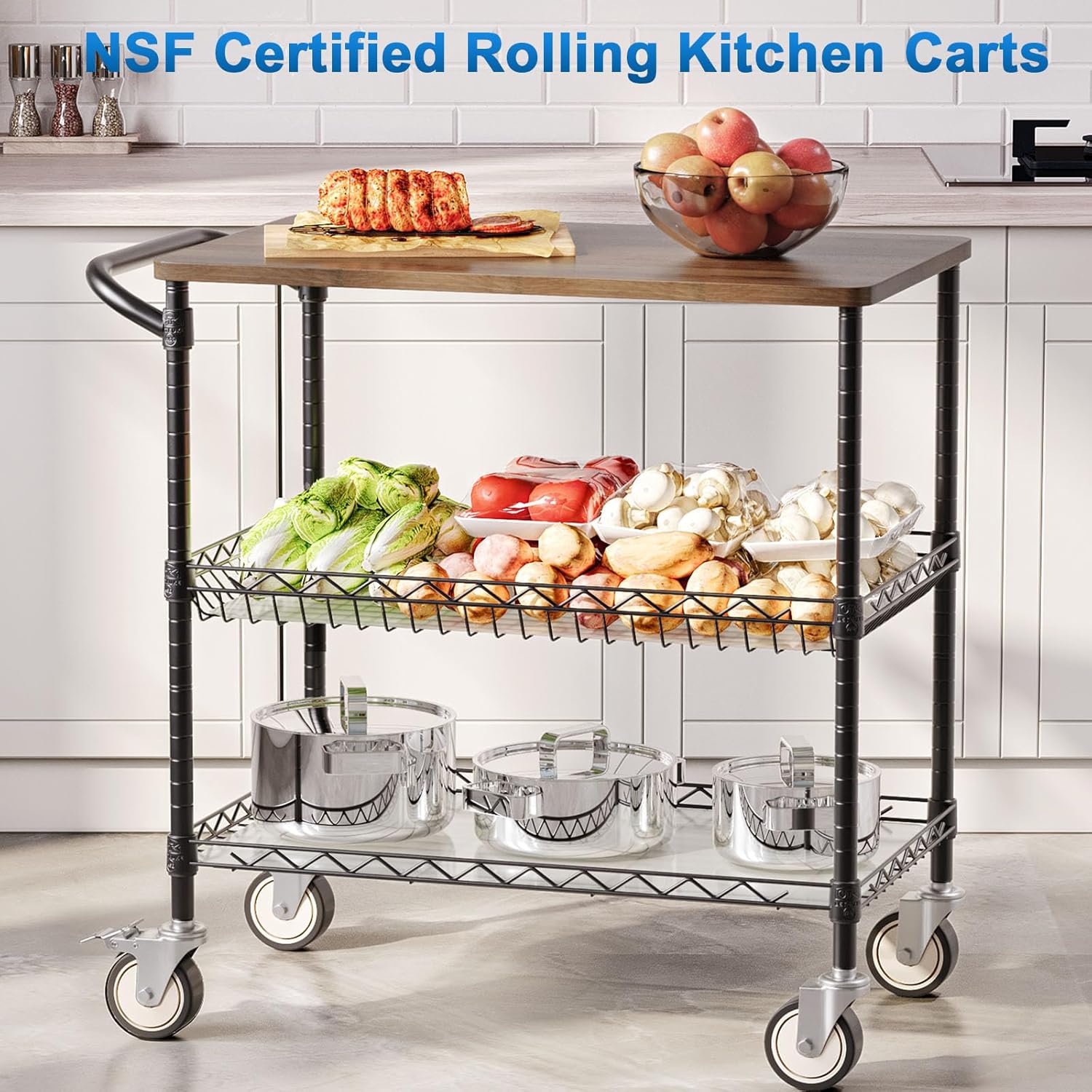 Leteuke Rolling Kitchen Carts with Wheels, 34" L x 17.5" W, 3-Tier Heavy Duty Utility Cart with Wood Tabletop, NSF Commercial Metal Serving Cart with Handle and Shelf Liner for Kitchen, Black - Image 2