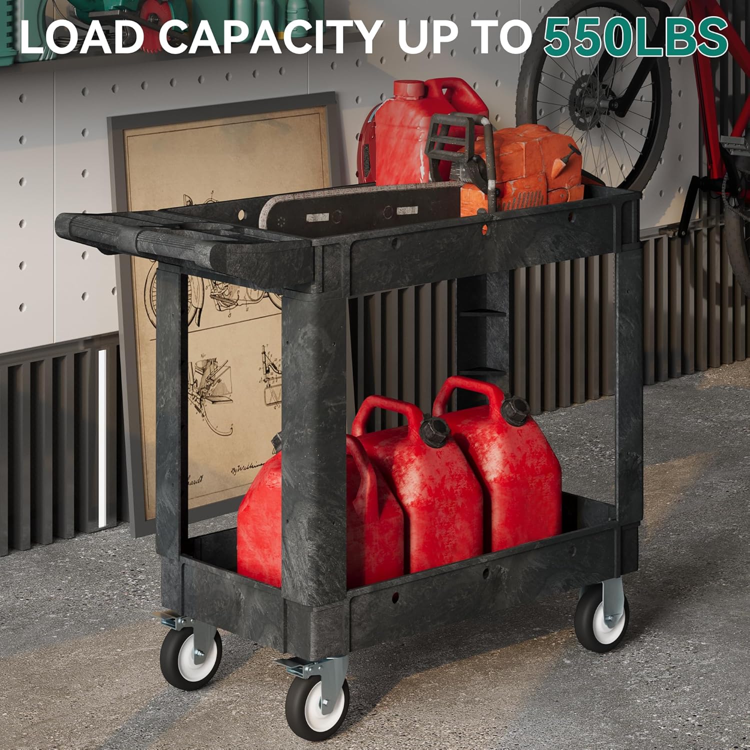 YITAHOME Utility Cart on Wheels, Plastic Tool Cart 550 lbs Capacity Service Cart, 40 x 17 Inch 2 Shelf Extra Heavy Duty Rolling Work Carts for Warehouse, Garage, School & Office, Cleaning, Black - Image 2