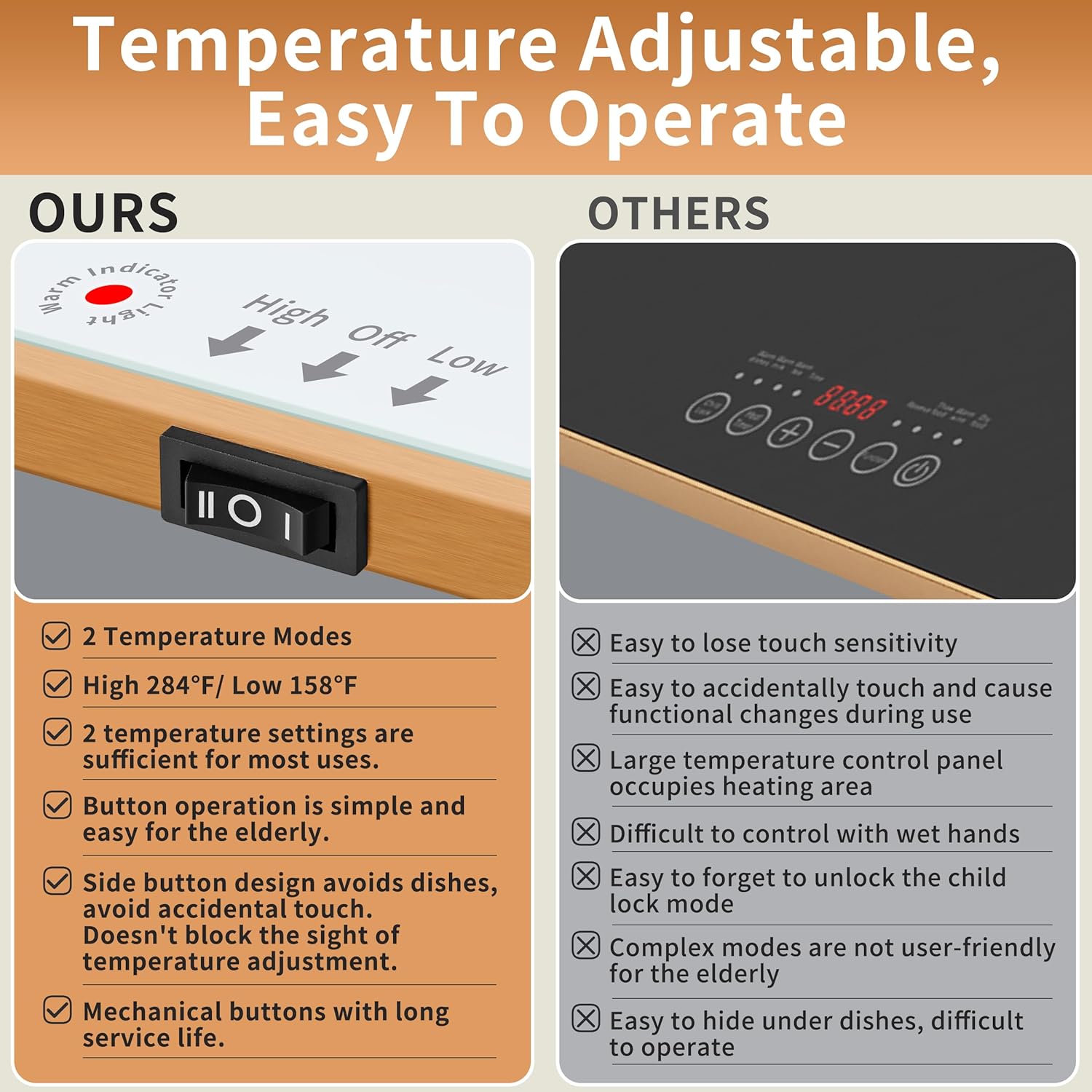 Electric Warming Tray (L 32”x12”),Food Warmers for Parties Buffet with Thermostat&Full Surface Heating,Tempered Glass Warming Mat for Food, Temperature Adjustable Gold Handles Food Warming Mat,White - Image 7