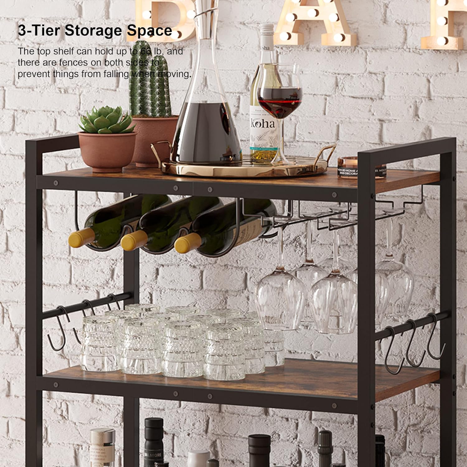 TUTOTAK Bar Cart, Serving Cart for Home, Microwave Cart, Drink Cart, Mobile Kitchen Shelf with Wine Rack and Glass Holder, Rolling Beverage Cart BC01BB030 - Image 5
