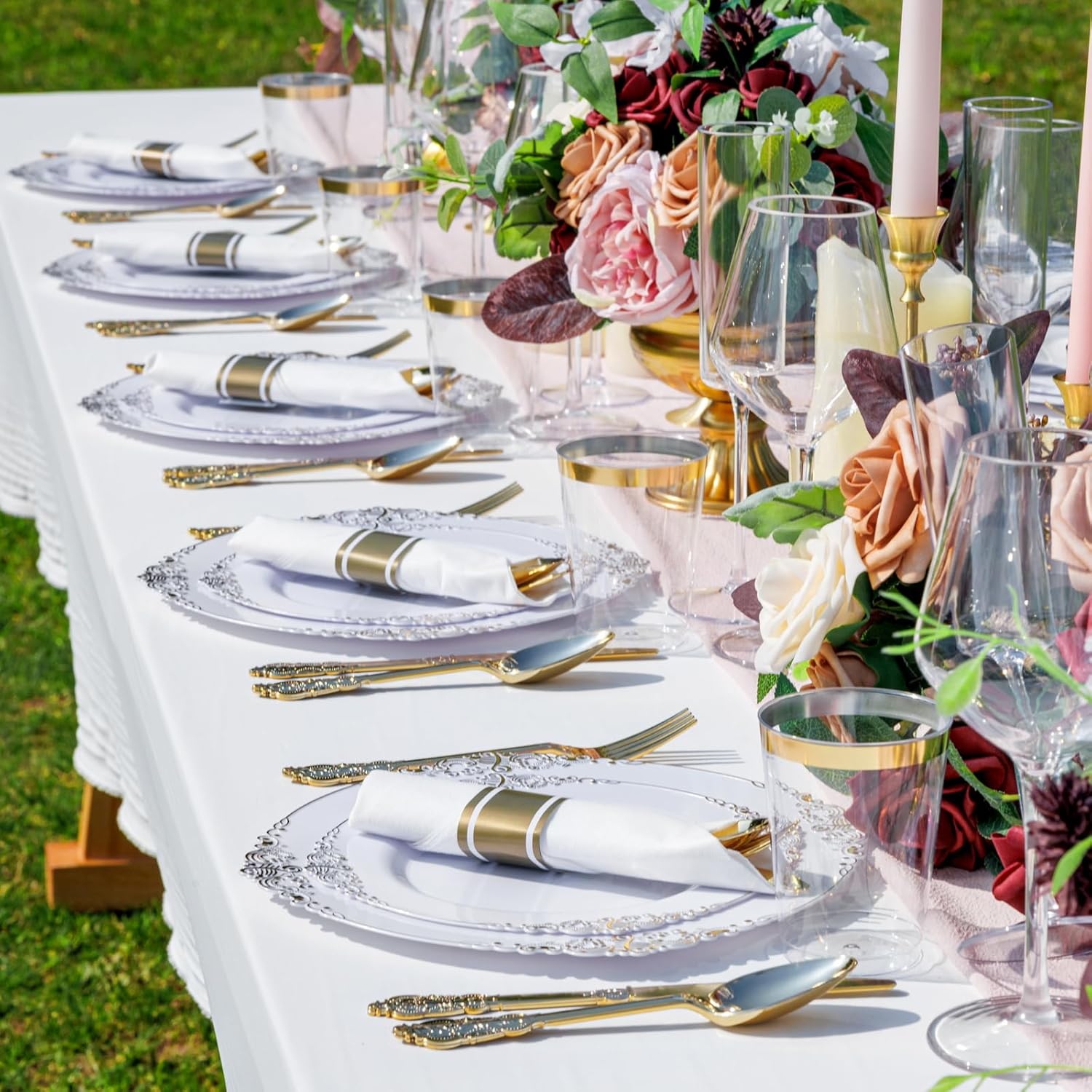 Nervure 350PCS Gold Plastic Plates - Gold Plastic Dinnerware Sets for 50 Guests - 100 Disposable Plates, 150 Silverware, 50 Cups, 50 Napkins for Wedding & Party - Image 4