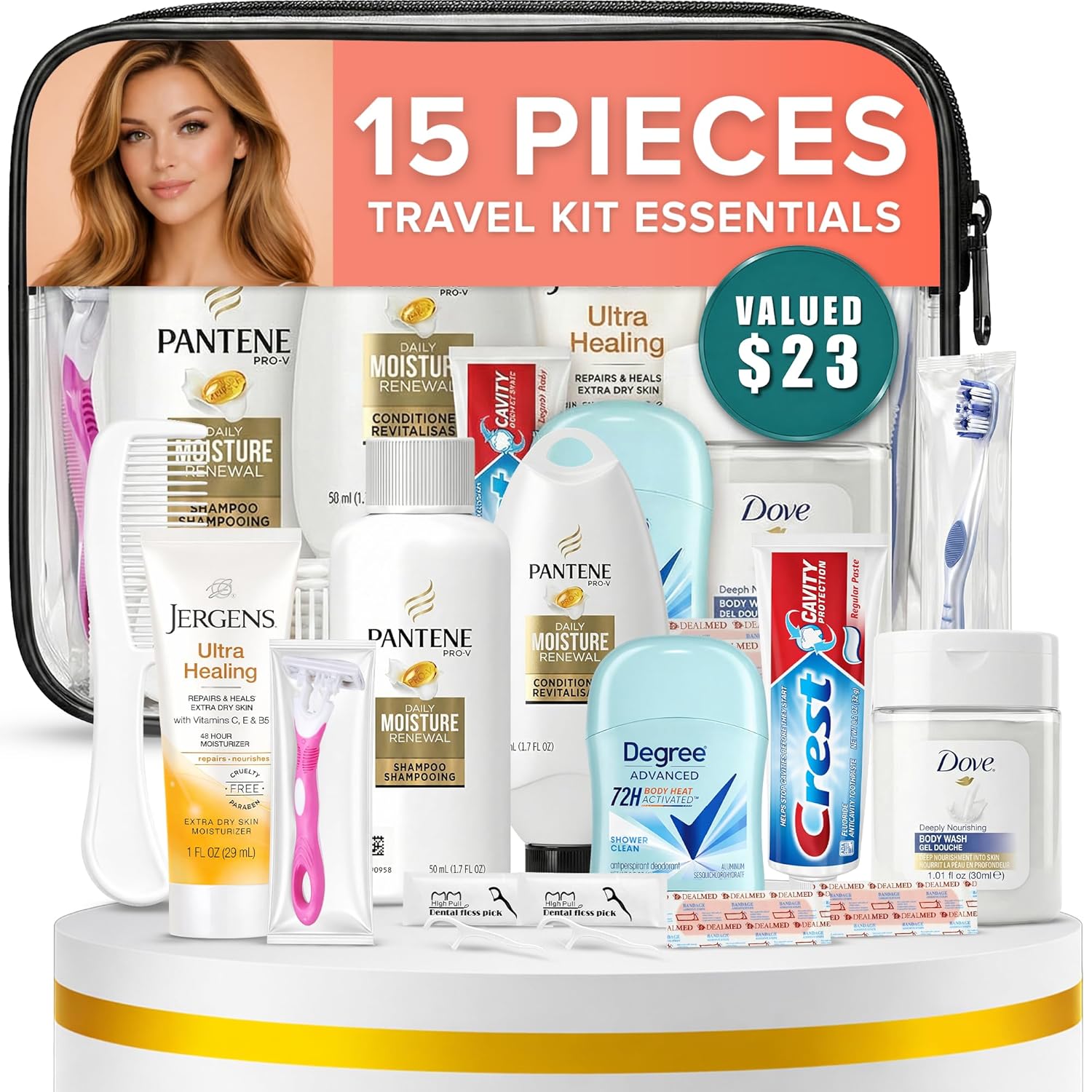 TrekTote 15 Piece Set Women’s Travel & Hygiene Kit with Clear Toiletry Bag, Personal Care Essentials, Single Kit or Bulk Case Packs
