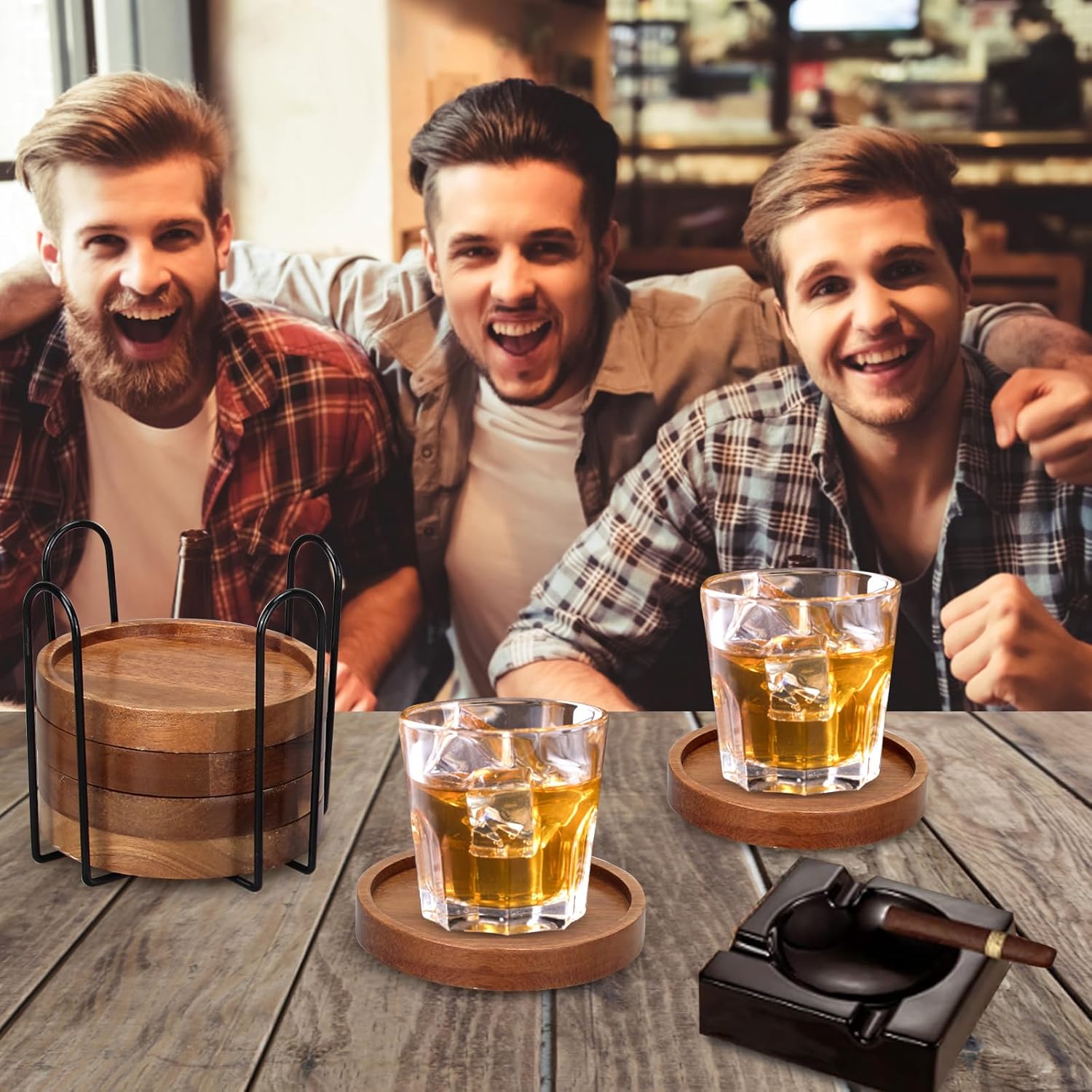 6 Pcs Best Wooden Coasters with Holder Coffee Table Decor Acacia Wood Coaster Set Modern Cup Coaster for Drink Home Dining Table Kitchen Accessories Cute Beer Bar Decorative Rustic Outdoor Coasters - Image 6