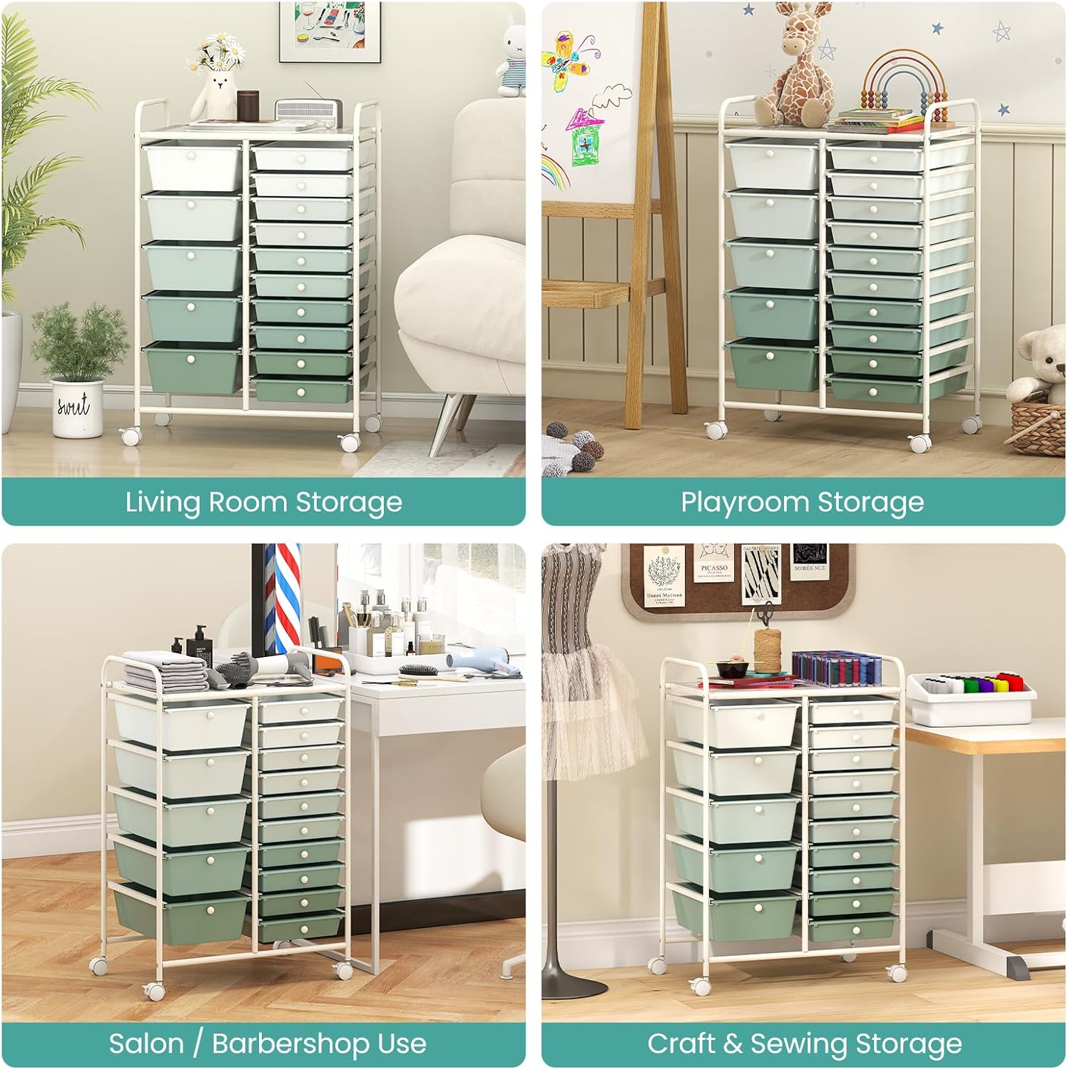 LDAILY 15 Drawer Rolling Storage Cart, Rolling Cart with Drawers for Classroom, Art Supply Craft Organizer on Wheel with Metal Frame & Handles for Home Office School (Gradient Green, 15 Drawer) - Image 9
