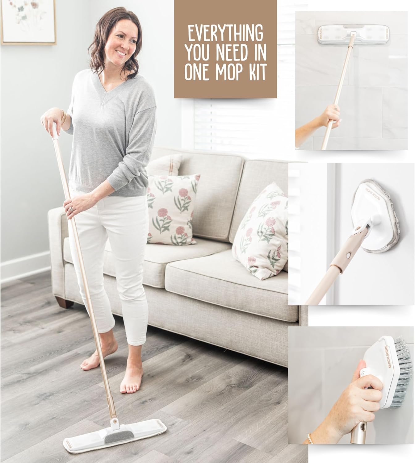 Quick Shine Ultimate Gold Clean + Polish Mop Kit | All-in-One 10 Pc Kit w/Interchangeable Attachments | Floor Polish Included | No Batteries Needed | Pro Cleaning for Hardwood Floors | 2-in-1 Mop - Image 4