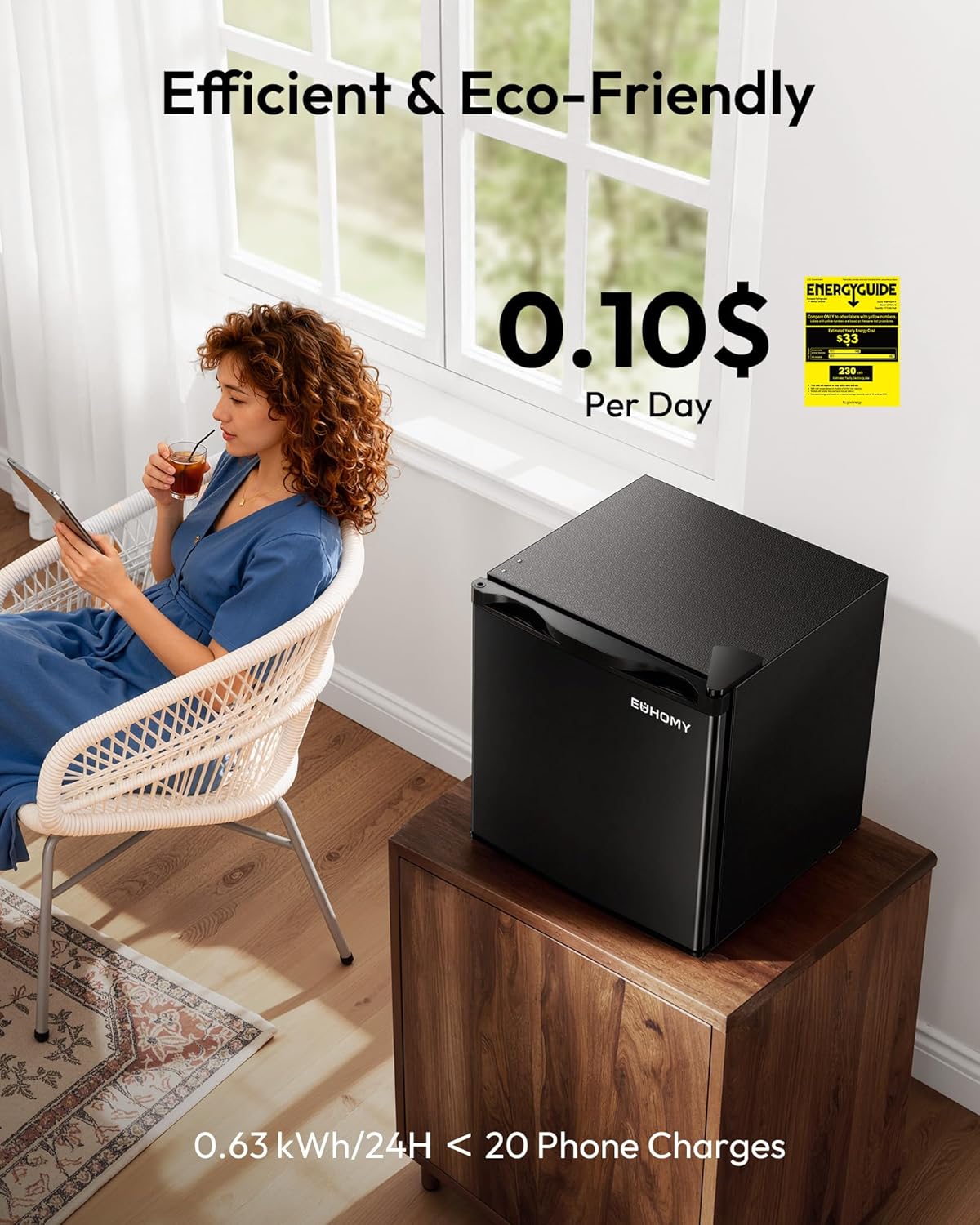 EUHOMY 1.7 Cu.Ft Mini Fridge, Reversible Single Door Compact Refrigerator, Adjustable Thermostat, Energy Saving, Mini Fridge for Bedroom, Office, Dorm, Black - Image 4