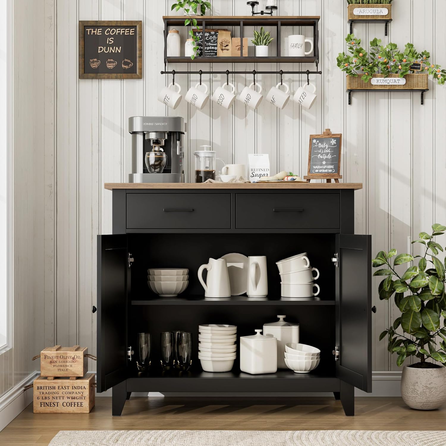 HORSTORS Kitchen Storage Cabinet, Modern Farmhouse Buffet Cabinet with Storage, Coffee Bar with 2 Drawers and 2 Doors, Floor Sideboard Buffet for Living Room, Dining Room, Bathroom, Black/Rustic Brown - Image 7