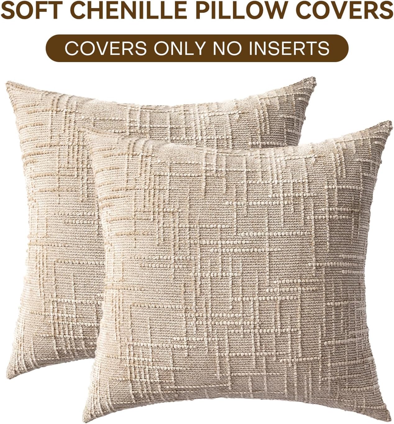 Decorative Throw Pillow Covers 18x18 Inch Set of 2, Soft Solid Farmhouse Chenille Couch Pillows, Spring Pillow Covers for Couch Sofa Bed Living Room Home Decor Pillowcase, Light Khaki - Image 4