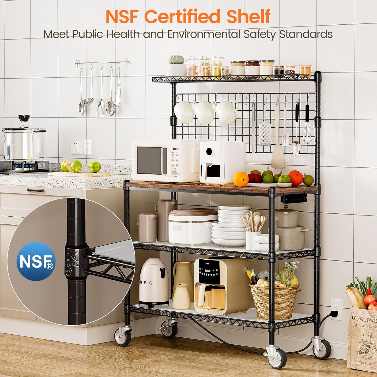 Leteuke Bakers Rack with Power Outlet & Storage, 36 Inch Microwave Stand Kitchen Cart, 4-Tier Metal Kitchen Shelves Cart with Wheels & 20 S-Hooks for Kitchen, NSF Certified, 63 x 18 x 36 Inch-Black - Image 8