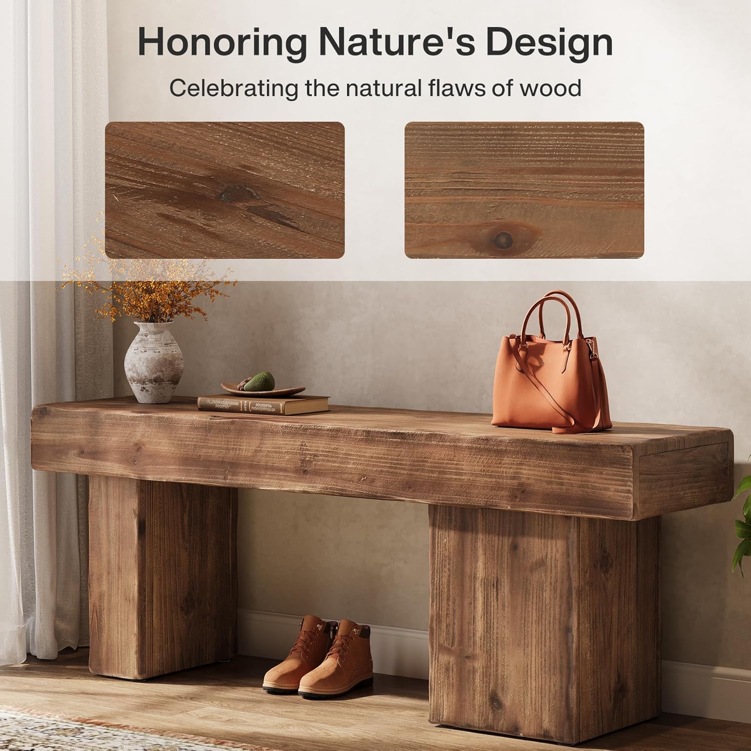Thickened Solid Wood Bench, 47" Rustic Farmhouse Entryway Bench with Artistic Legs, Heavy Duty Dining Bench for Kitchen, Living Room, Hallway, End of Bed, Natural Wood - Image 7