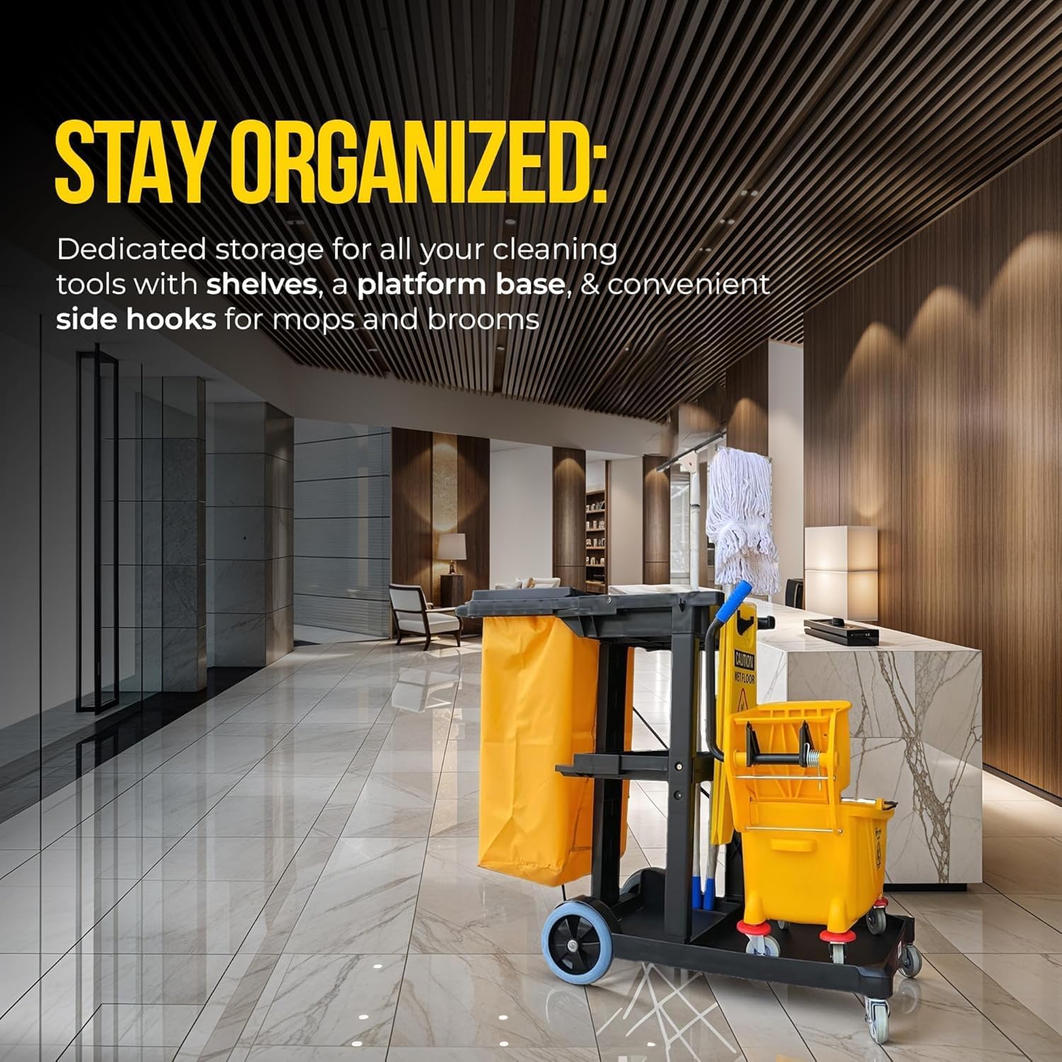 Simpli-Magic Commercial Cleaning Cart with Waste Bag & Lid, Janitorial Utility Cart with 3 Shelves, Mop & Broom Holders, 330 lb Capacity, Yellow/Grey - Image 5