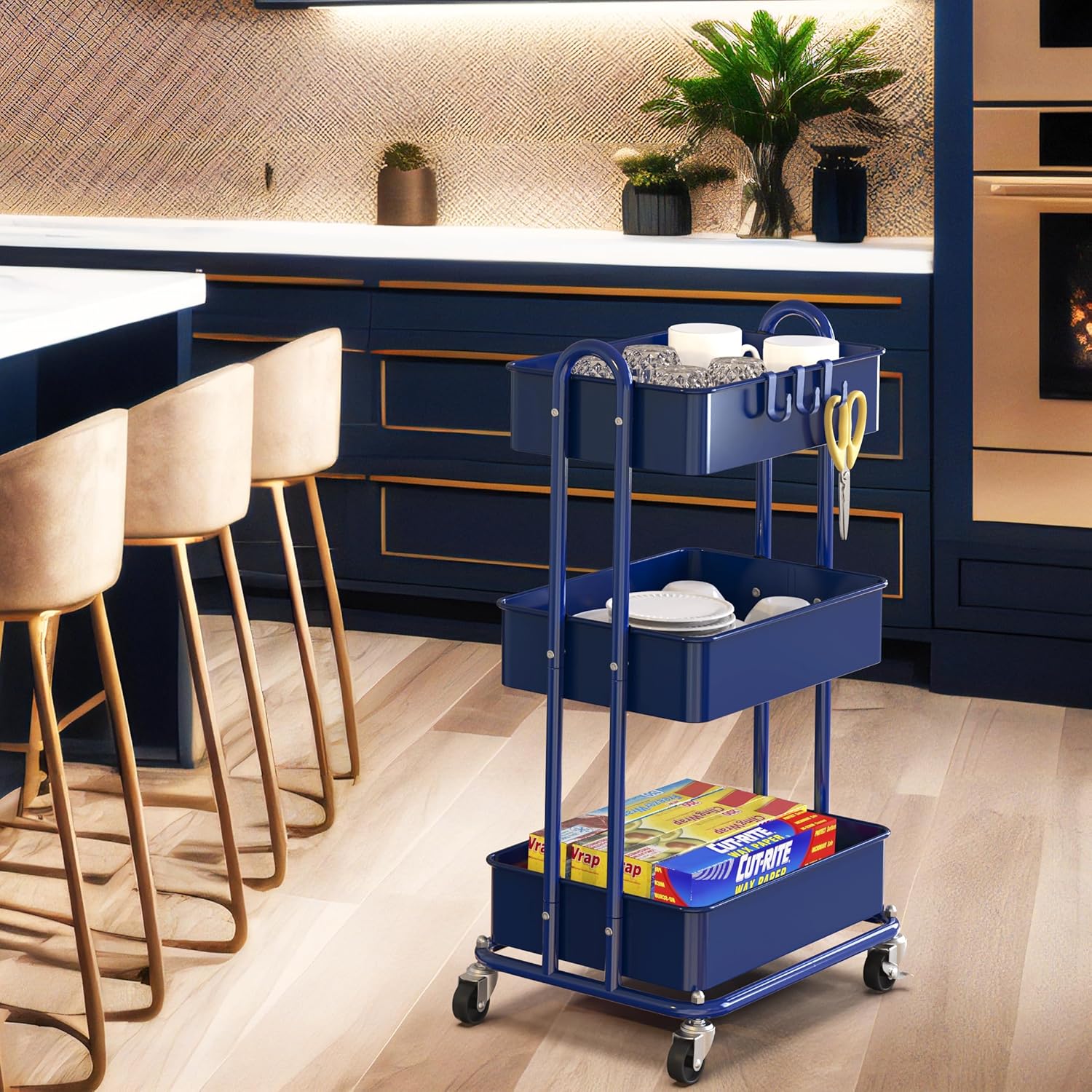 Simple Houseware 3-Tier Heavy Duty Metal Utility Rolling Cart, Navy - Image 4