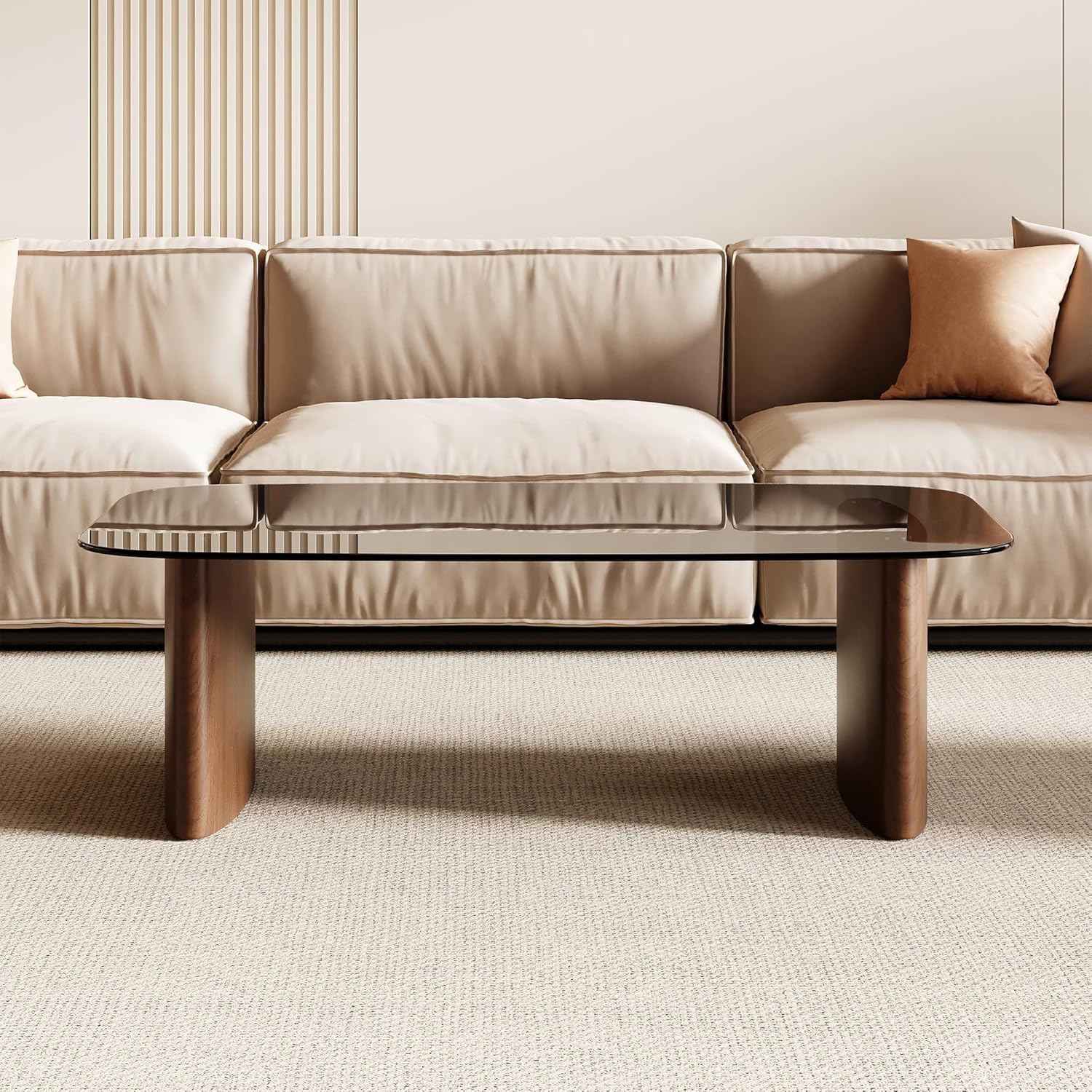 Modern Glass Coffee Table, Coffee Table for Living Room,Tempered Glass-top with Sturdy Wooden Base, Modern Coffee Tables for Small Space, Apartment, Office, Minimalist Design (Walnut) - Image 7