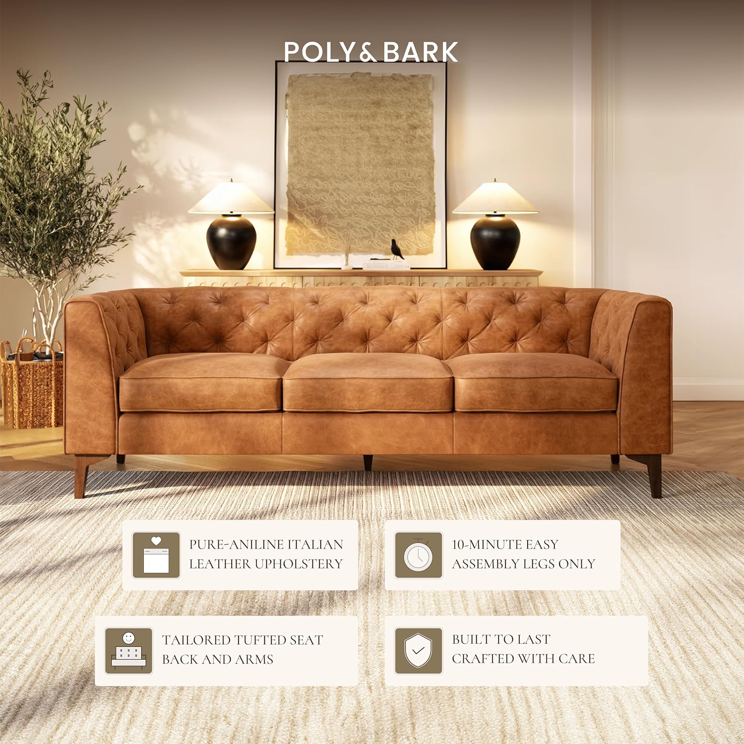 POLY & BARK Essex 89” Full-Grain Italian Leather Sofa – Tufted Back, Feather-Down Comfort, Solid Wood Frame, Cognac Tan - Image 6