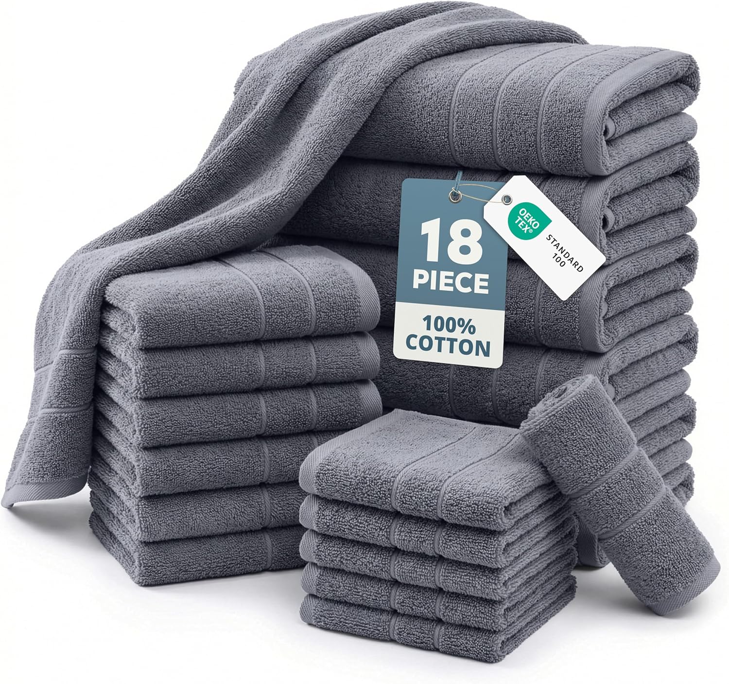 Casa Platino Cotton Towels Set for Bathroom - 18 Pc Family Pack - Super Soft & Quick Dry - 6 Bath, 6 Washcloth, 6 Hand Towels - Oeko TEX Certified, Machine Washable & Durable - Cool Grey