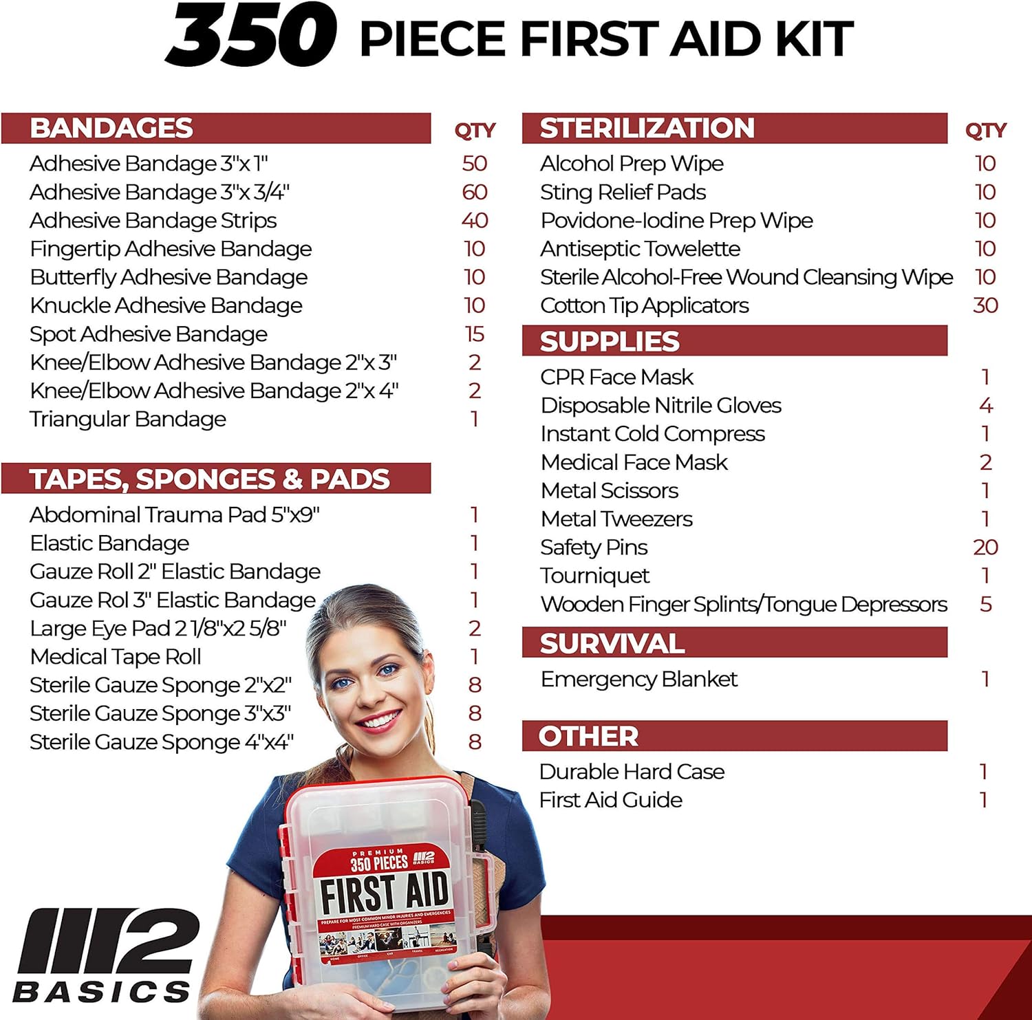M2 BASICS Professional First Aid Kit, 350 Pieces, Wall Mountable with Dual Layer Organization for Home, Business, Car, Vehicle & Office - Image 5