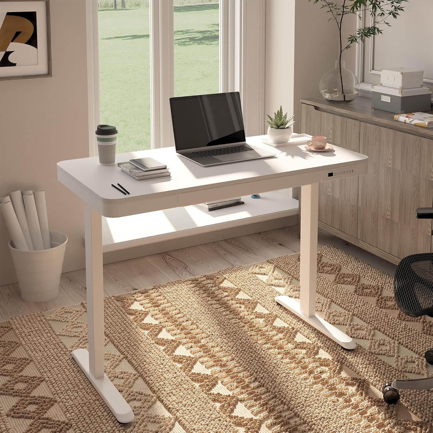 FLEXISPOT Comhar Electric Standing Desk with Drawers Charging USB A to C Port, Height Adjustable 48" Whole-Piece Home Office Computer Laptop Table with Storage (White Top + Frame) - Image 2