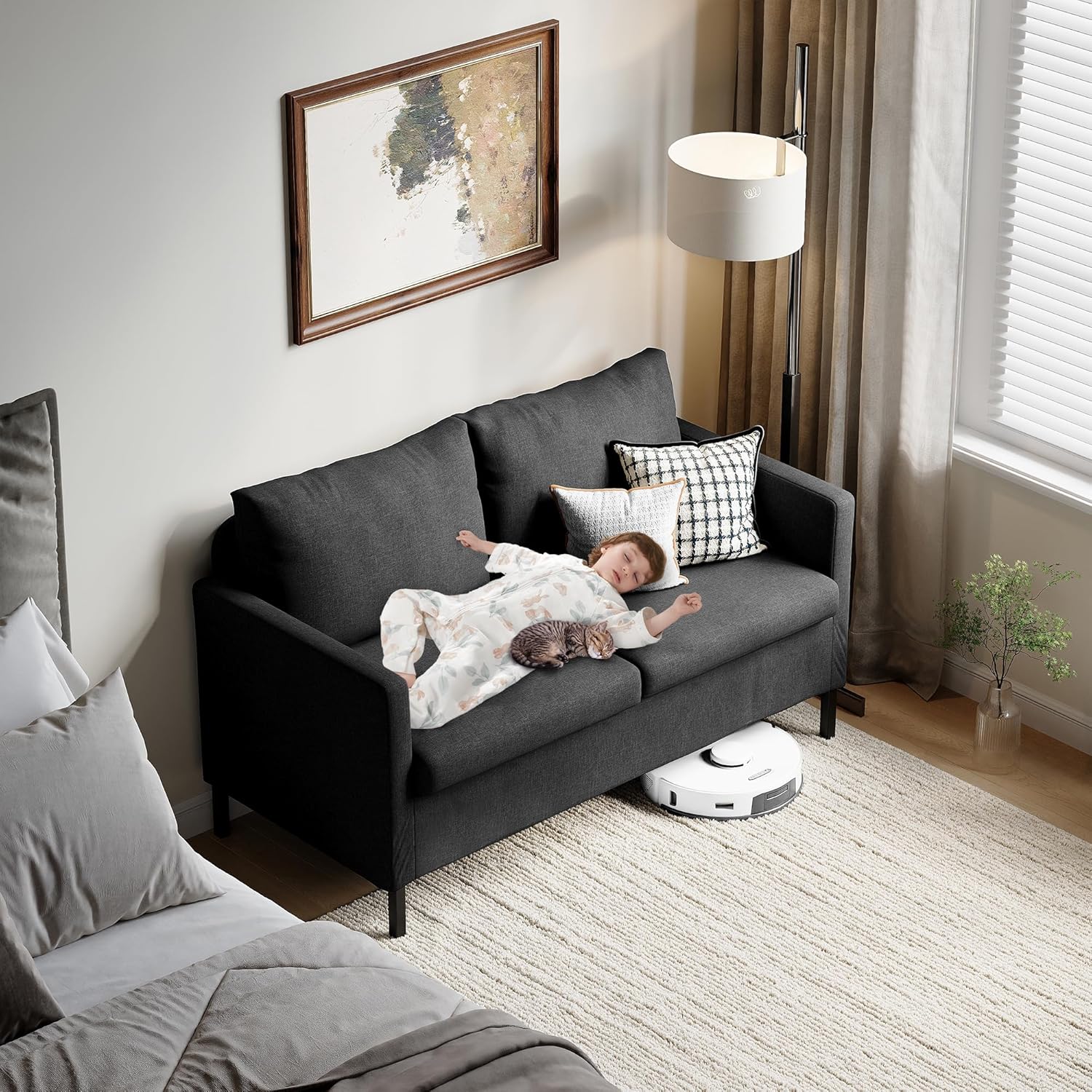 TYBOATLE Linen Fabric Modern Small Loveseat Sofa Couch for Living Room, 51" W Little Upholstered 2-Seater Mini Love Seats w/Iron Legs for Small Space, Apartment, Bedroom, Dorm, Office (Dark Grey) - Image 8