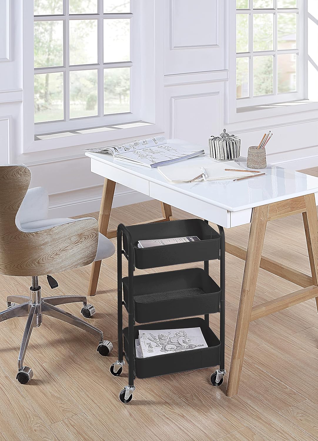 SunnyPoint 3-Tier Delicate Compact Rolling Metal Storage Organizer - Mobile Utility Cart Kitchen/Under Desk Cart with Caster Wheels - BLK (15.35" X 10.24" X 26.8"H) - Image 5