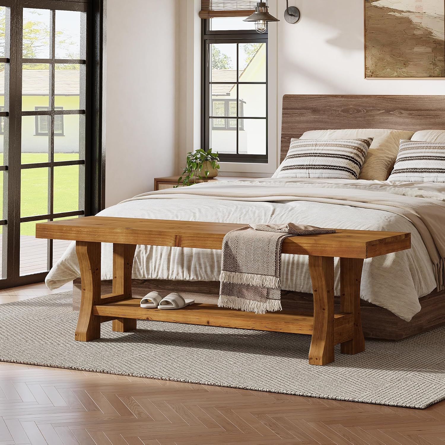 Solid Wood Entryway Bench, 55" End of Bed Bench, Long Indoor Dining Seat for Hallway, Bedroom, Living Room, Dining Room, Easy Assembly, Brown - Image 4