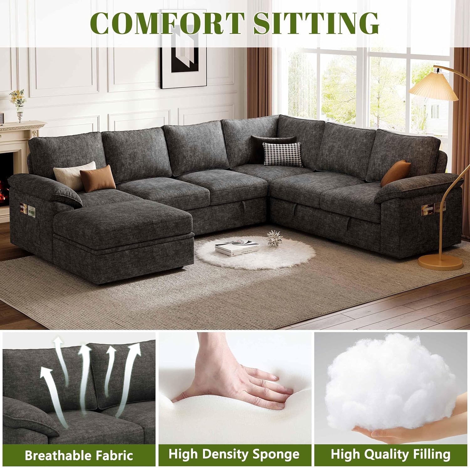 108 Inch Sectional Sleeper Sofa with Pull Out Bed, U Shaped 7 Seat Modular Sectional Sofa with Storage, Sectional Couches for Living Room, Cloud Modular Couch,Removable Sofa Cover, Dark Grey - Image 5