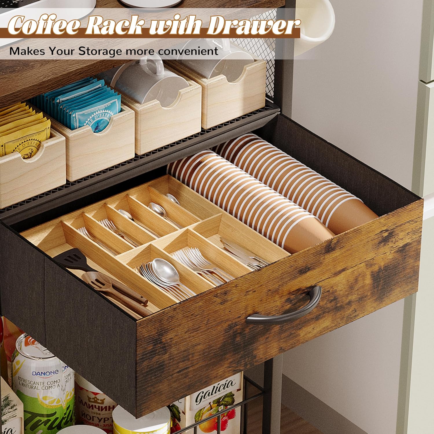 Small Coffee Bar Cart with Drawer Srorage, Office Coffee Bar Station Organizer Mug Cup Holder Stand, K Cup Holder Rack for Home Buffets & Sideboards for Kichen, Entryway, Living Room (Black) - Image 2