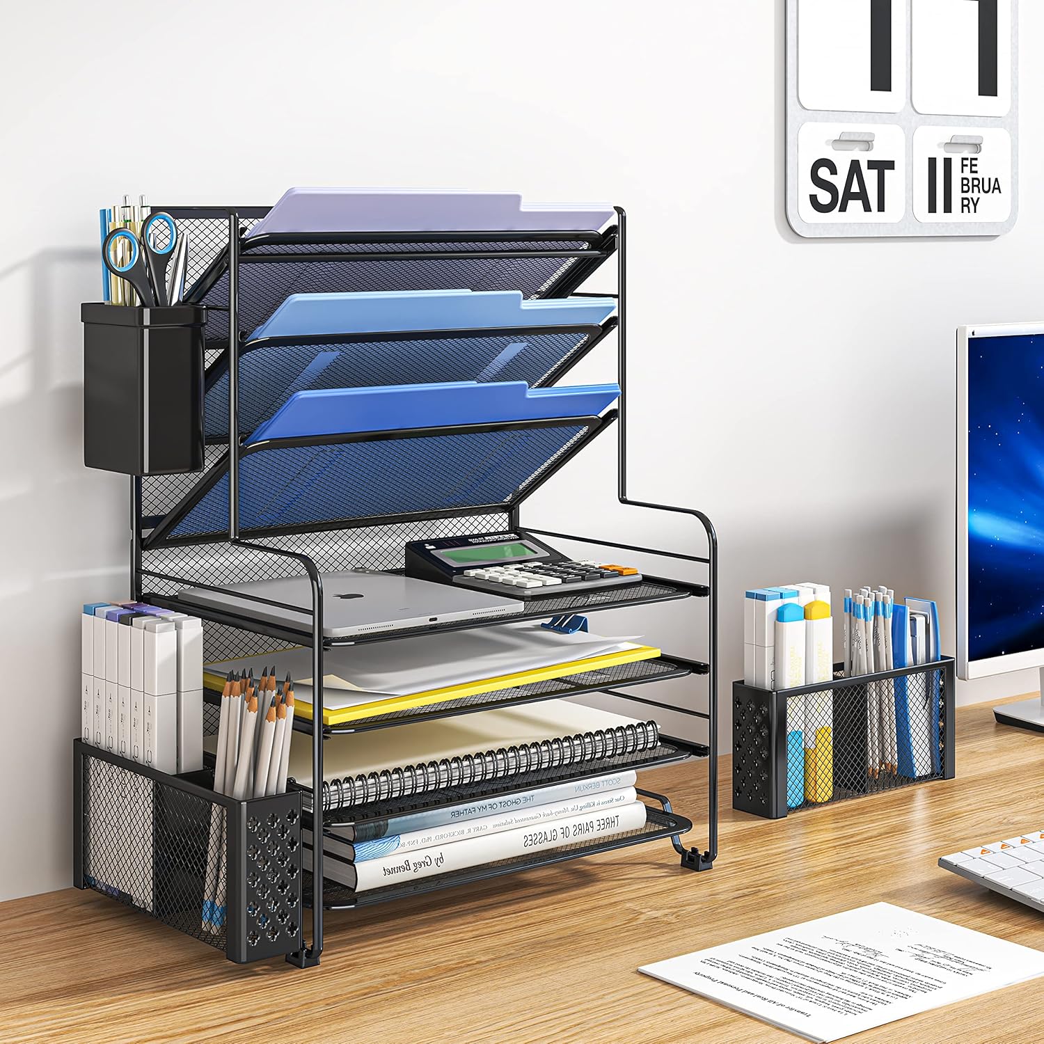 Simple Trending 7 Tier Desk File Organizer, Letter Tray Paper Organizer with Pen Holder and Metal Hanging Basket, Black - Image 2