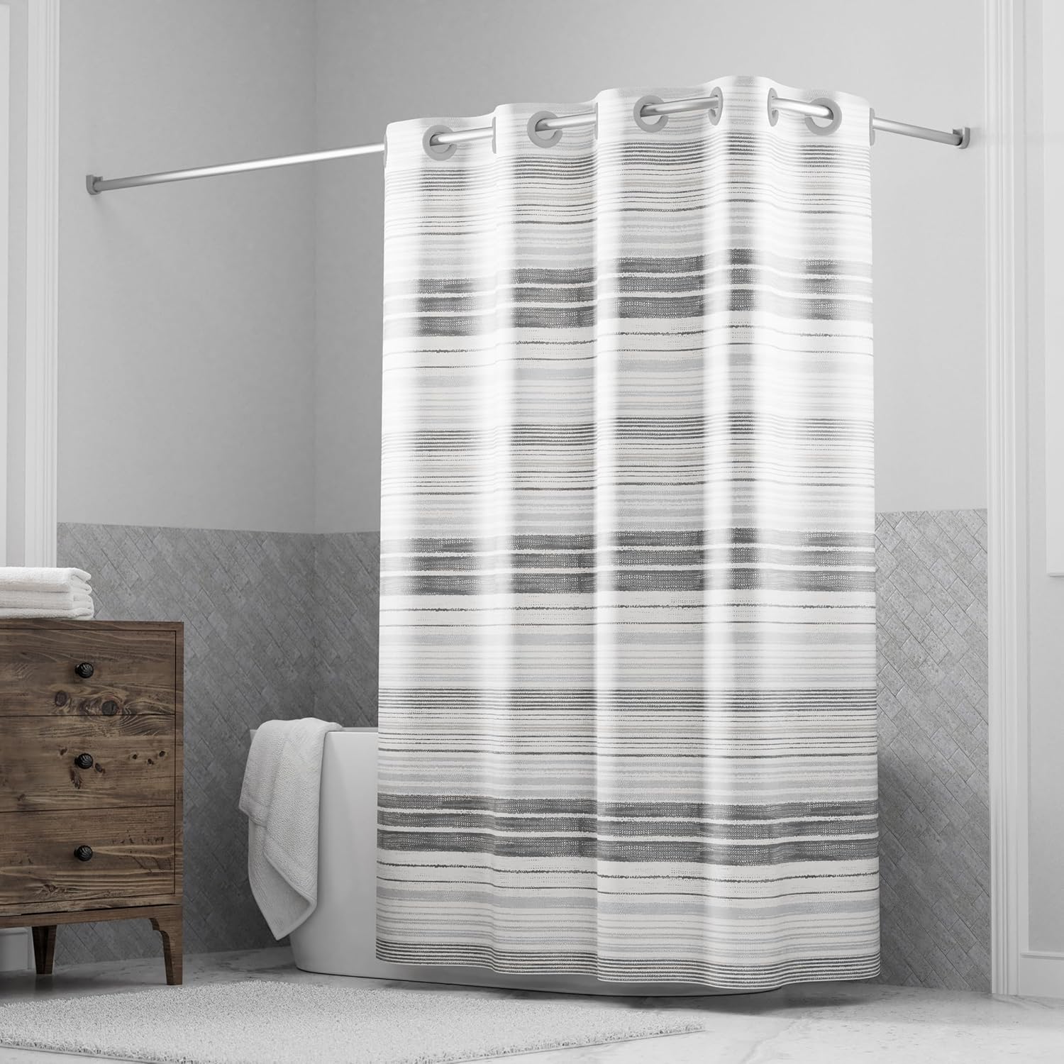 Hookless It's A Snap! Faux Silk Shower Curtain, 3-in-1 Curtain Includes Fabric Shower Curtain with Flex-On Rings & Fabric Liner with Magnets, 71" x 74", Stripe Print, Gray
