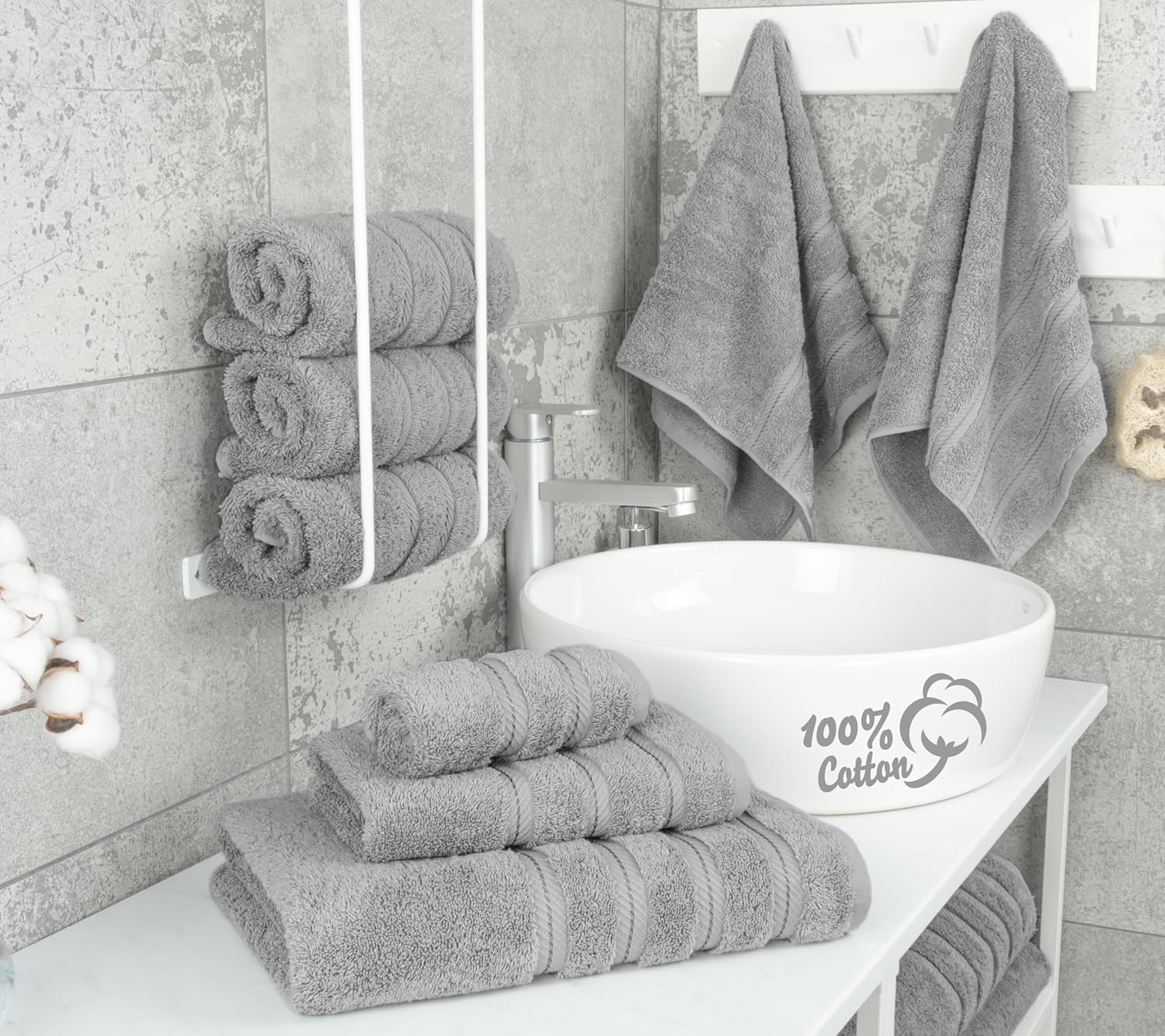 American Soft Linen Luxury 6 Piece Towel Set, 2 Bath Towels 2 Hand Towel 2 Washcloths, 600 GSM 100% Cotton Turkish Towels for Bathroom, Light Grey Towel Sets - Image 2