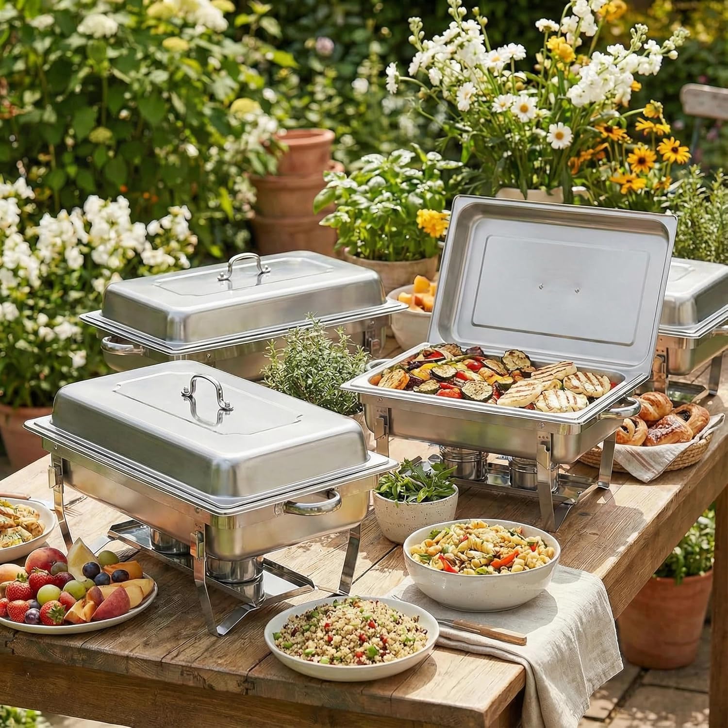 Chafing Dishes for Buffet 4 Pack 9 Quart Stainless Steel Chafer Buffet Servers and Warmers Set with Folding Frame for Weddings Parties Banquets Catering Events - Image 6