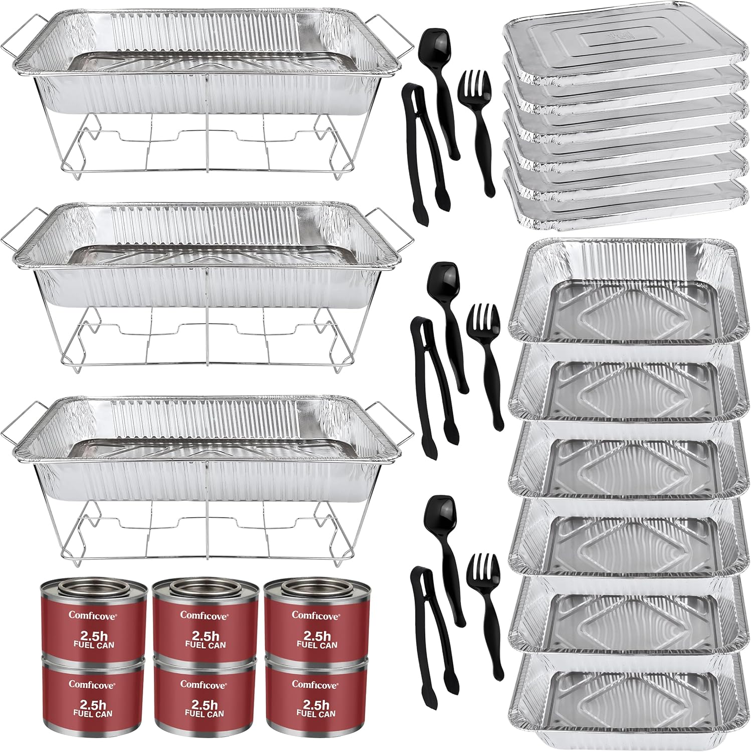 Disposable Chafing Dish Buffet Set, 33 Piece of Chafing Servers with Food Warmers, Covers, Half-Size Food Pans, Water Trays, Serving Utensils, Foil Lids and 4Hr Fuel Cans for Parties, Catering - Image 2