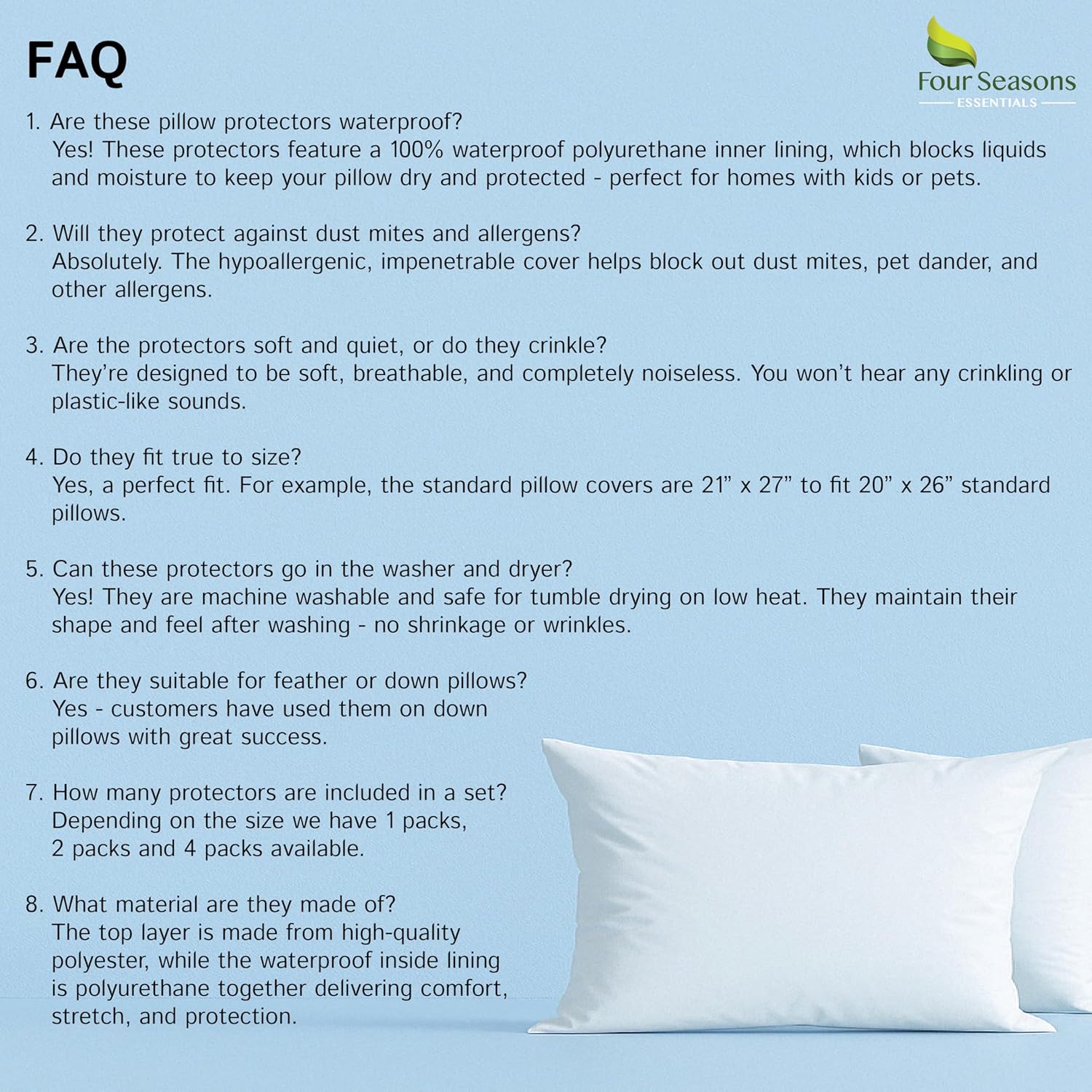 Standard Pillow Protectors (Set of 2) – Zippered Waterproof Pillow Covers Hypoallergenic Dust and Allergen Proof Pillowcase Encasement - Image 9