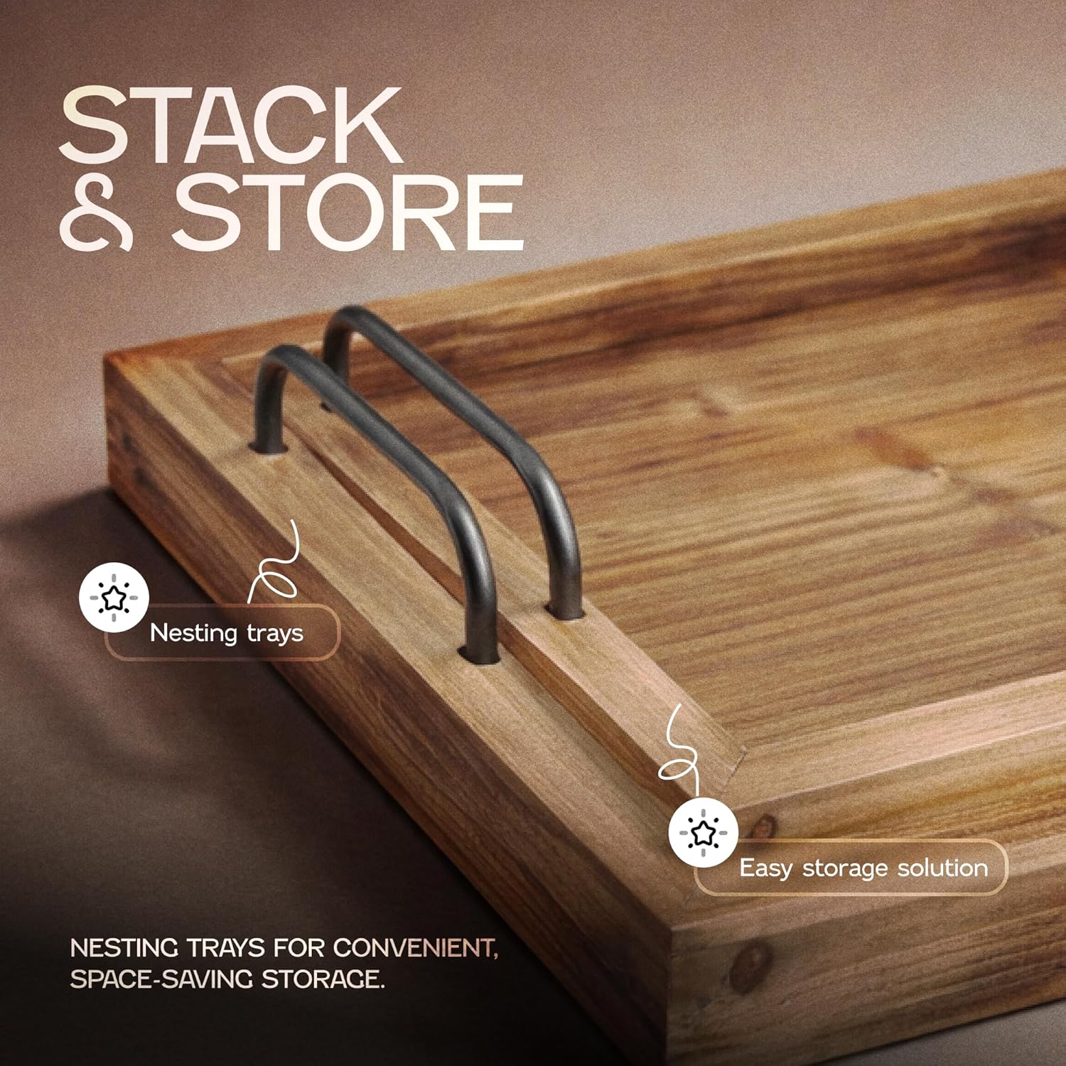 Besti Rustic Vintage Food Serving Trays (Set of 2) | Nesting Wooden Board with Metal Handles | Stylish Farmhouse Decor Serving Platters | Large: 15 x2 x11 - Small: 13 x2 x9 inches (Rustic Burnt) - Image 5