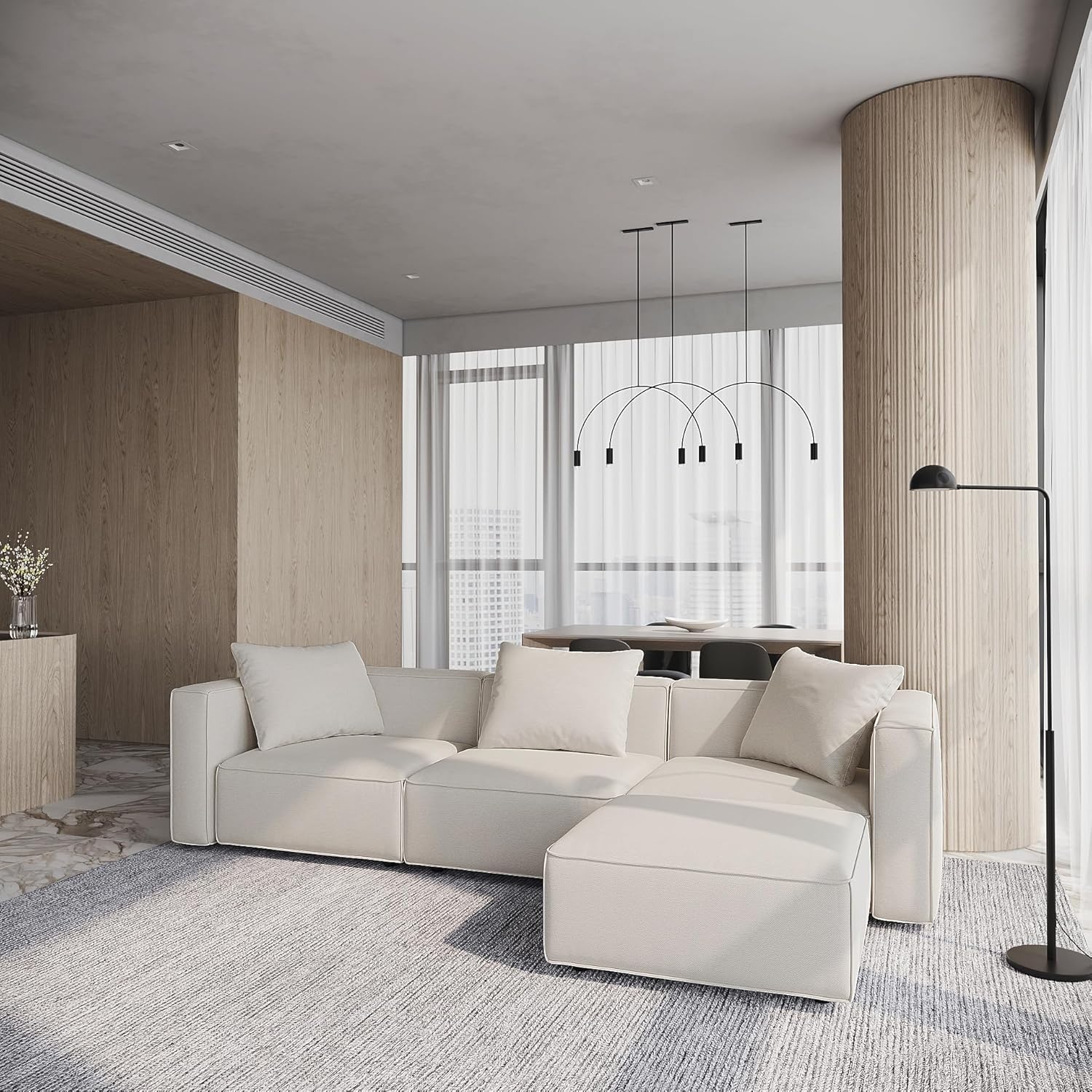Acanva Luxury Modular Sectional Living Room Sofa Set, Modern Minimalist Style Couch with Ottoman and Chaise, L-Shape, Linen-Like Cream - Image 4