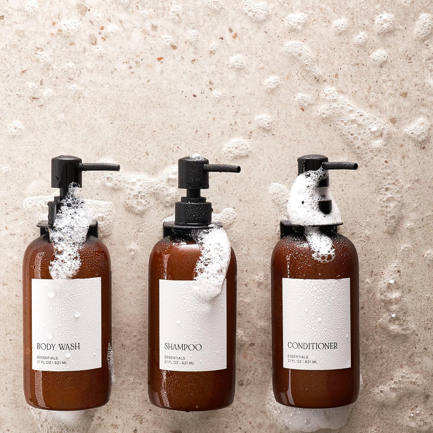 Stylish Shampoo and Conditioner Dispenser Set of 3 for Wall Mount - Modern Drill Free 21oz Shower Soap Bottles with Labels - Easy Refill Body Wash Dispensers for an Instant Bathroom Decor Upgrade - Image 5
