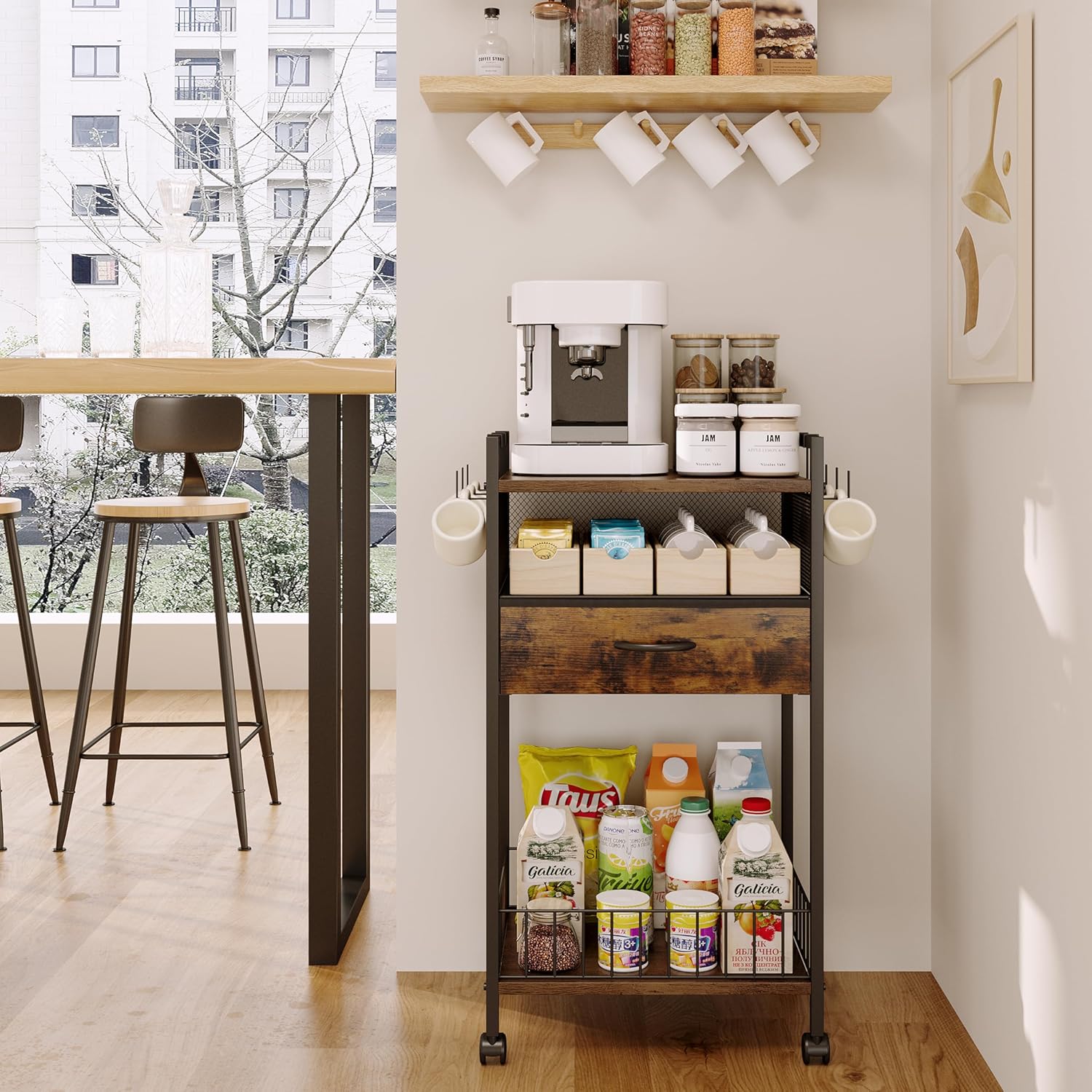 Small Coffee Bar Cart with Drawer Srorage, Office Coffee Bar Station Organizer Mug Cup Holder Stand, K Cup Holder Rack for Home Buffets & Sideboards for Kichen, Entryway, Living Room (Black) - Image 5