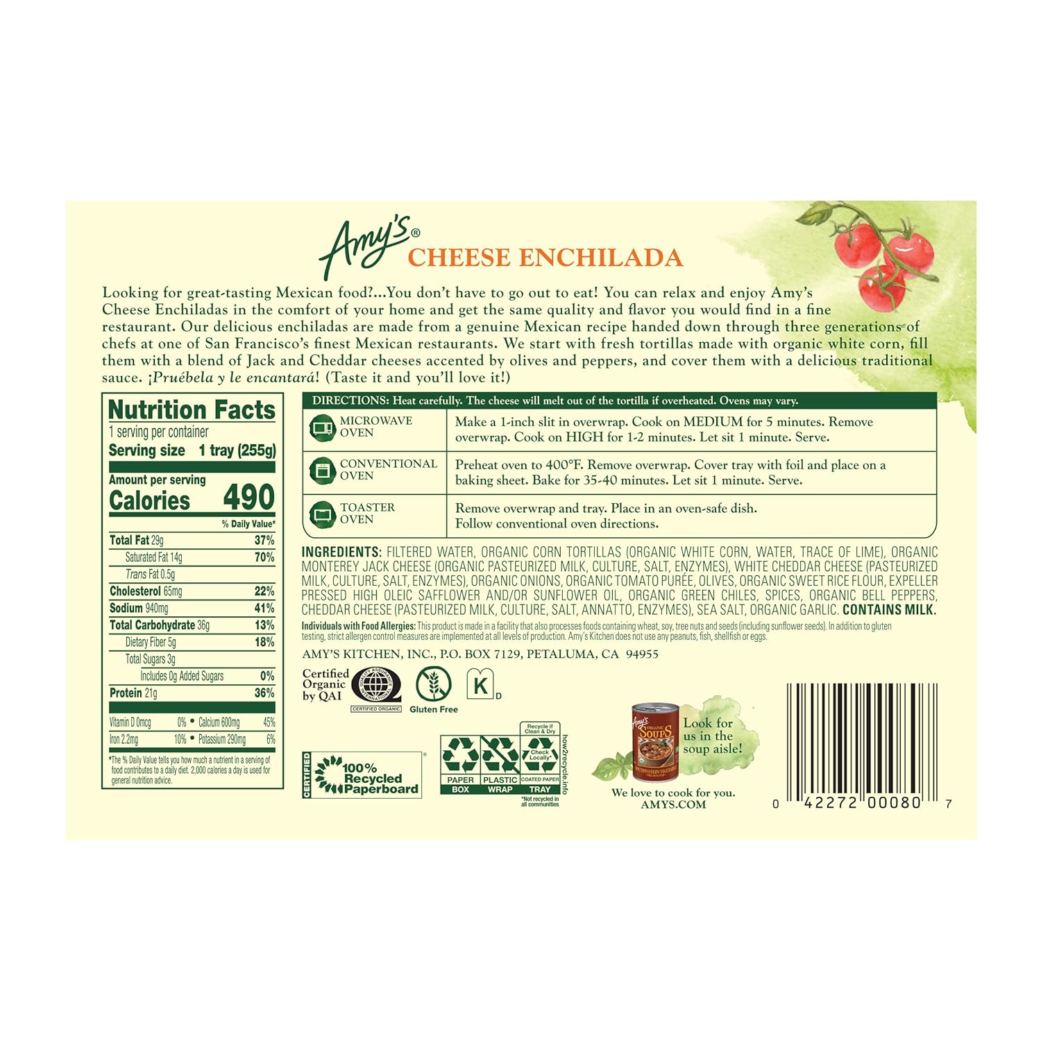 Amy's Frozen Meals, Cheese Enchilada Entree, Gluten Free, 9 oz. - Image 2