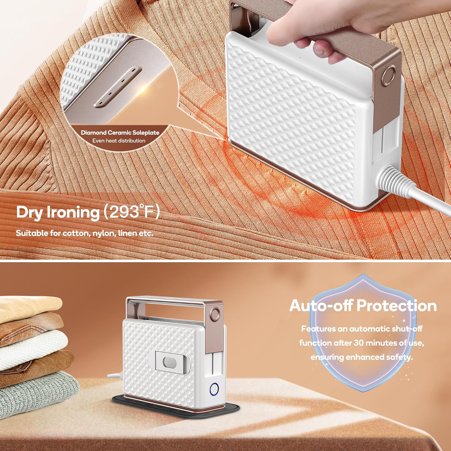 Newbealer Travel Steam Iron for Clothes, Global Voltage 100-240V Handheld Steamer, 293℉ Dry Ironing, Non-Stick Ceramic Soleplate, Horizontal & Vertical Steaming, Auto-off, Silicone Rest & Zipper Bag - Image 6