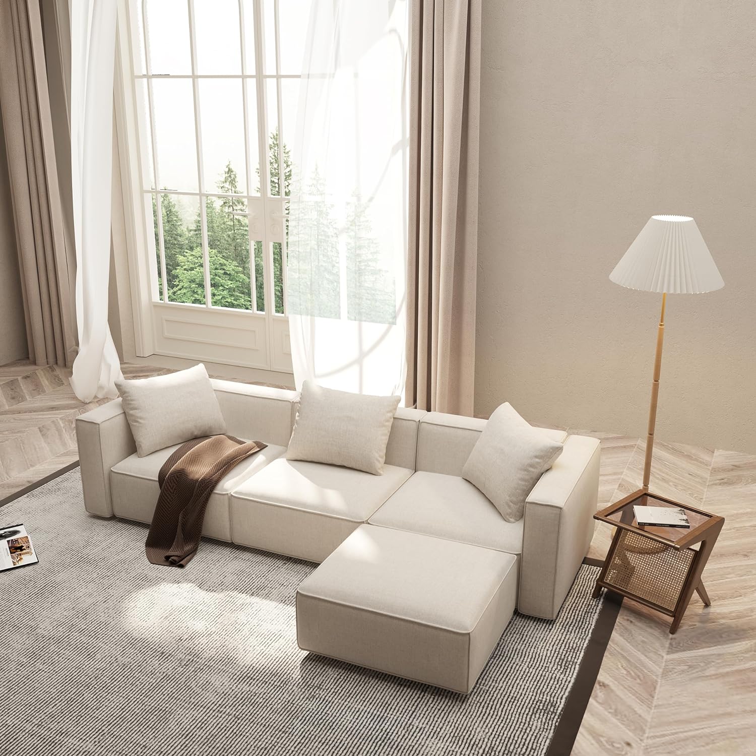 Acanva Luxury Modular Sectional Living Room Sofa Set, Modern Minimalist Style Couch with Ottoman and Chaise, L-Shape, Linen-Like Cream - Image 3