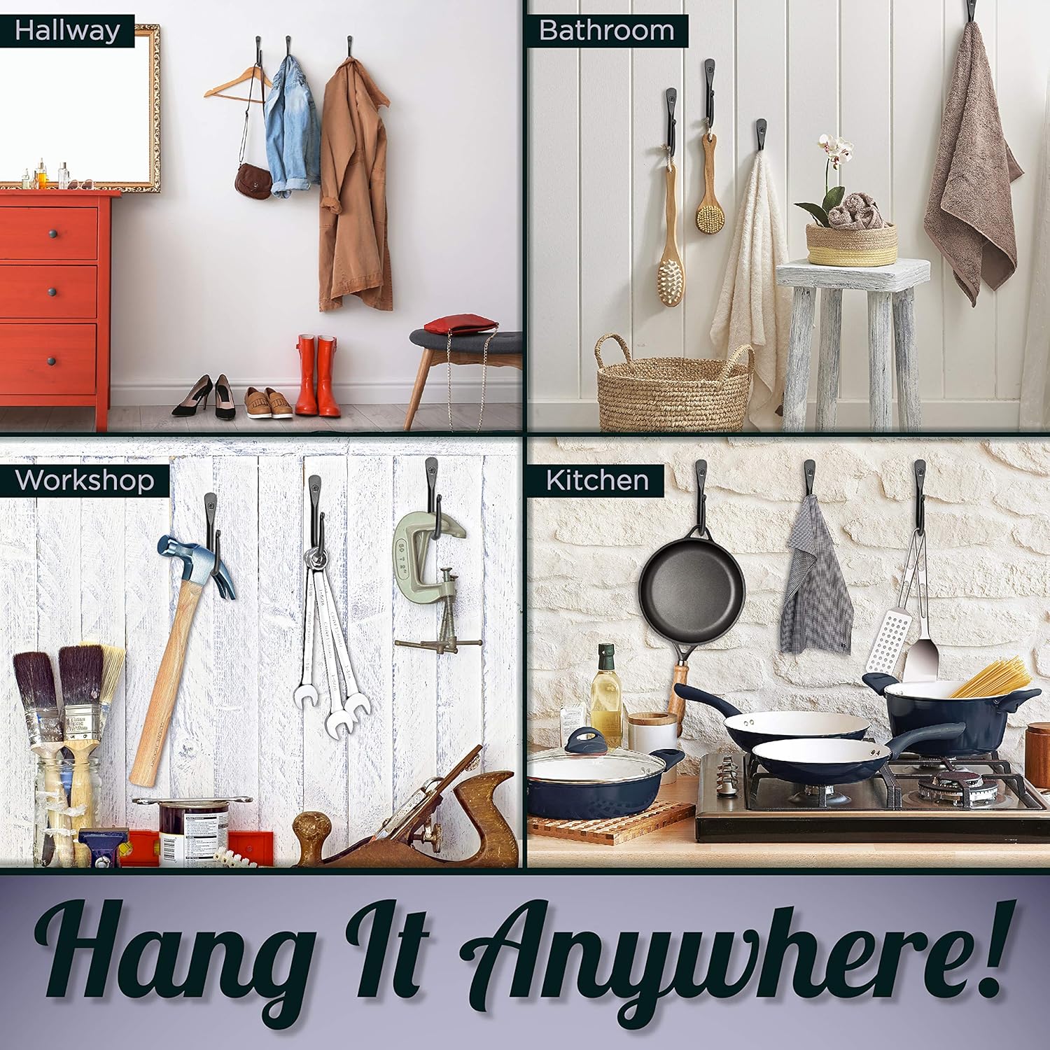 Decorative Hooks for Wall - Wall Hooks for Hanging Coats, Hats, & Bags, Versatile Towel Hooks for Bathrooms or Kitchen - Wrought Iron Hanging Hooks - Pack of 3, Black - 2 x 0.35 x 3.75 Inches - Image 7